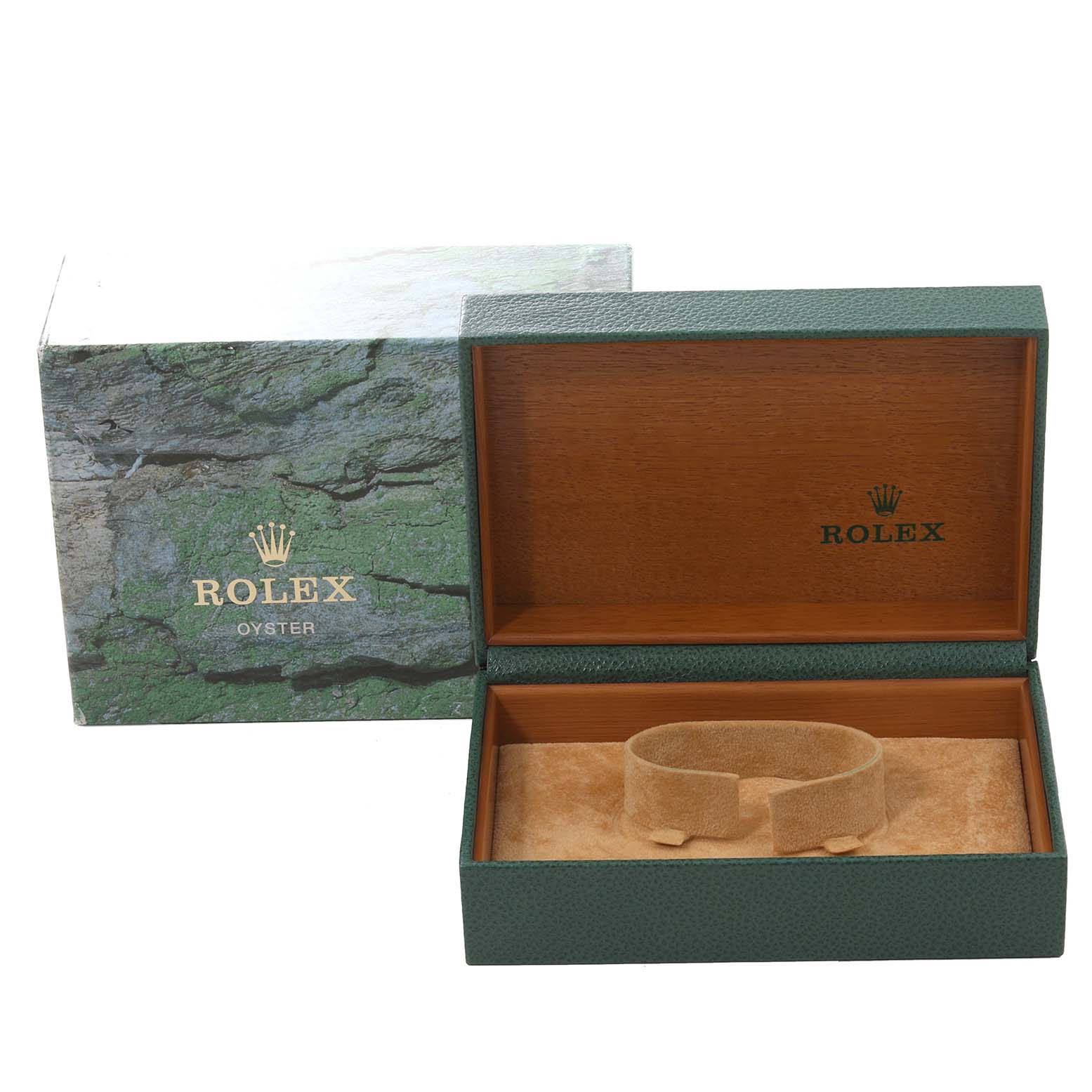 The image shows an open Rolex Datejust 16233 Men's Steel and Gold (two tone) White Dial 16233 Men's Steel and Gold (two tone) White Dial watch box with an inner cushion and an outer Rolex-branded sleeve.