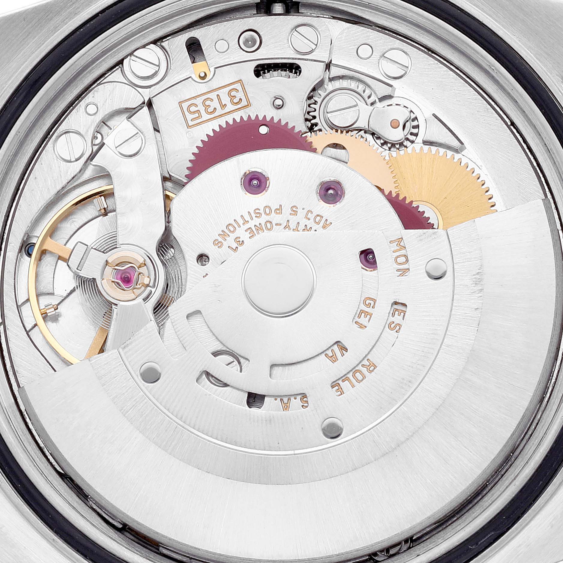 This close-up image shows the intricate movement mechanism inside a Rolex Datejust 16233 Men's Steel and Gold (two tone) White Dial 16233 Men's Steel and Gold (two tone) White Dial watch.