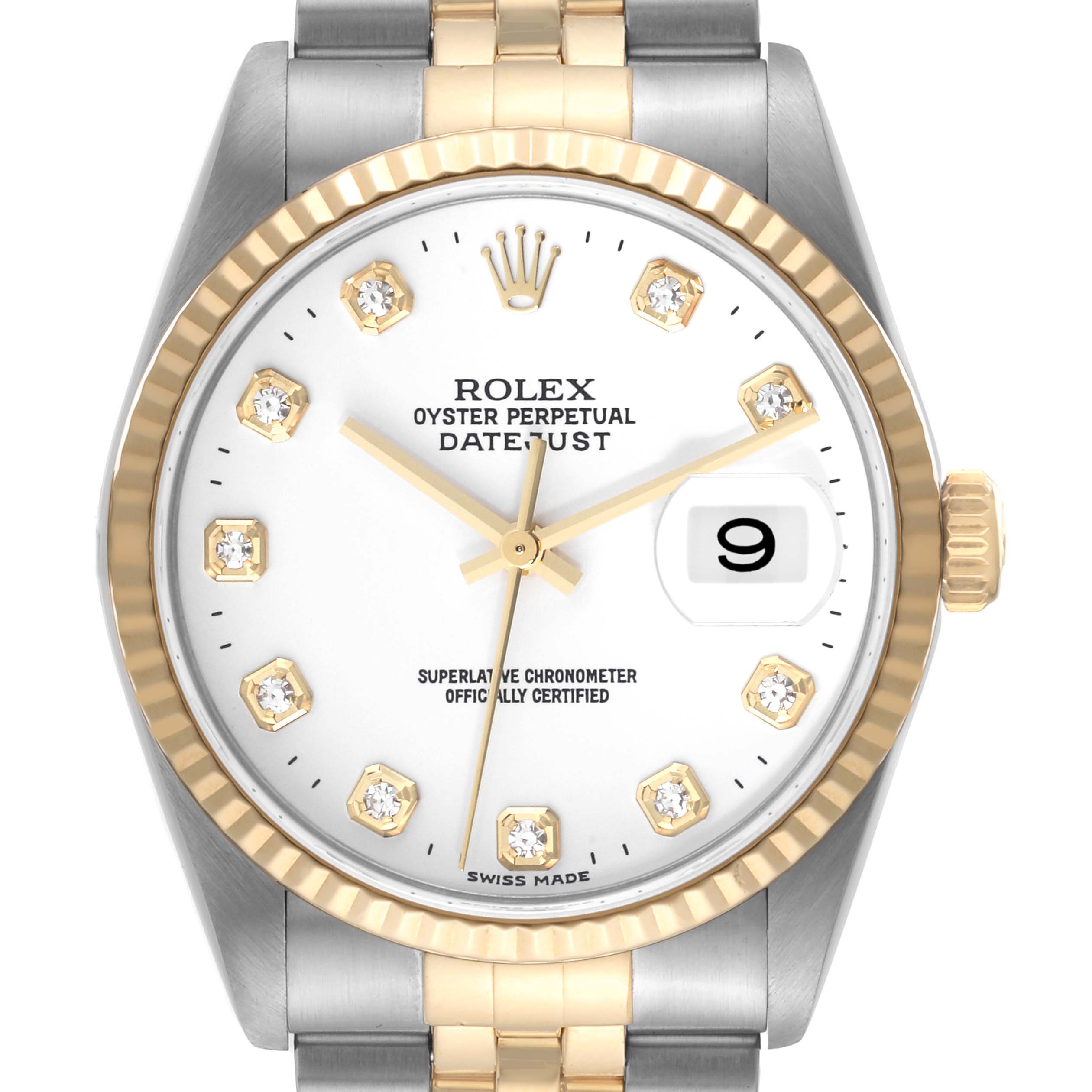 This is a front view of a Rolex Datejust 16233 Men's Steel and Gold (two tone) White Dial 16233 Men's Steel and Gold (two tone) White Dial watch, showing the dial, bezel, crown, and part of the bracelet.