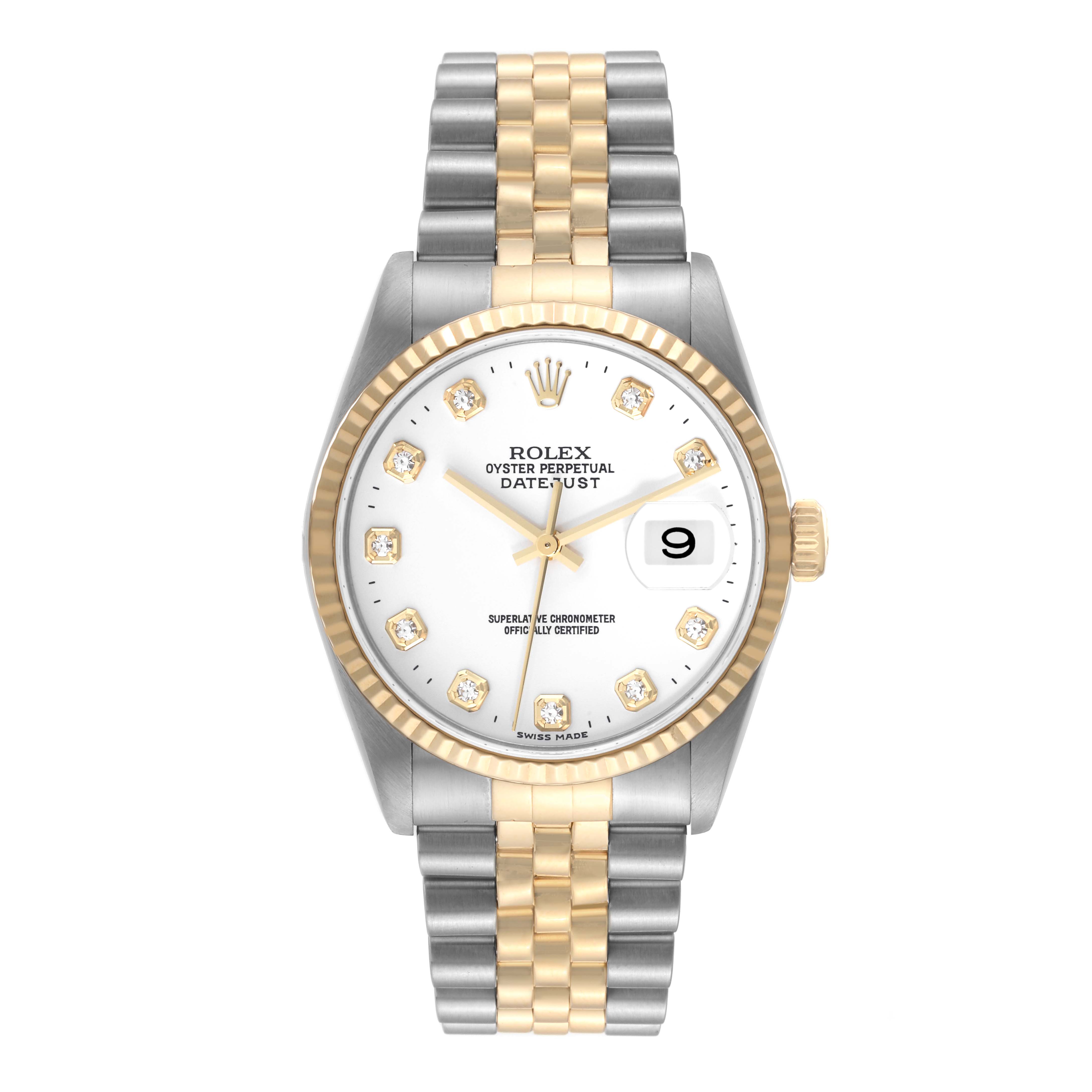 This image shows the front view of a Rolex Datejust 16233 Men's Steel and Gold (two tone) White Dial 16233 Men's Steel and Gold (two tone) White Dial watch, highlighting the dial, bezel, and Jubilee bracelet.