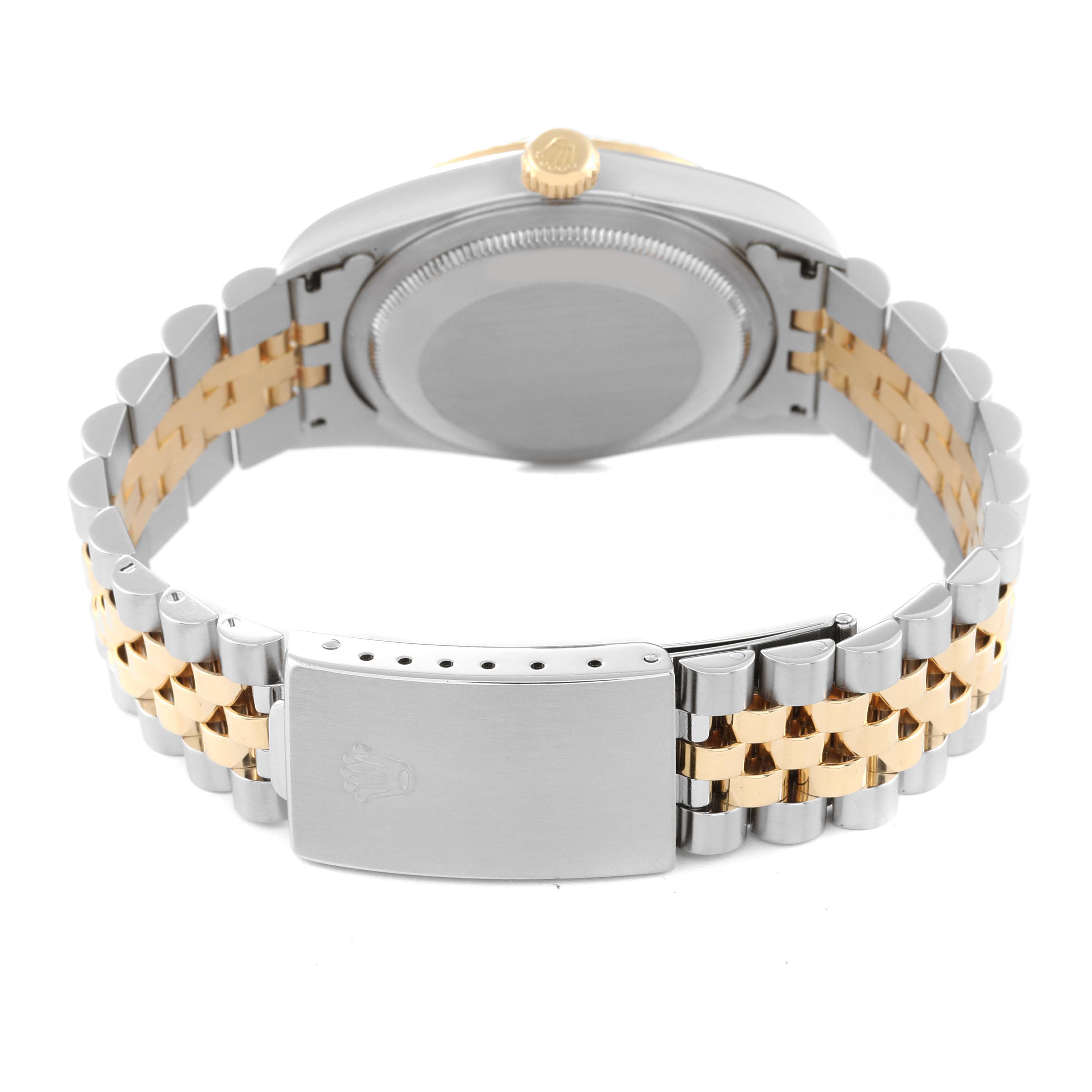 This image shows the Rolex Datejust 16233 Men's Steel and Gold (two tone) White Dial 16233 Men's Steel and Gold (two tone) White Dial watch from a rear angle, highlighting its two-tone Jubilee bracelet and closed clasp.