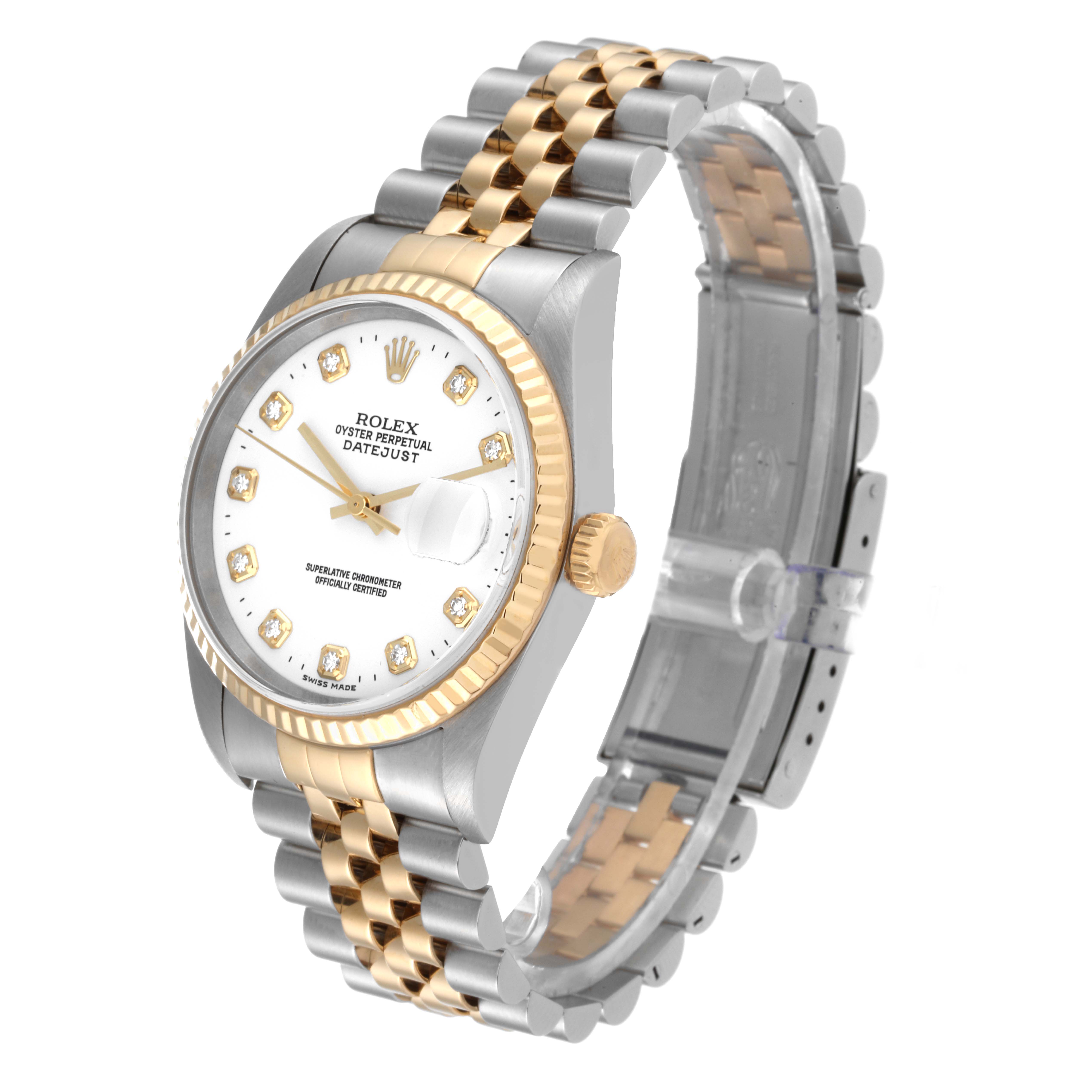 A Rolex Datejust 16233 Men's Steel and Gold (two tone) White Dial 16233 Men's Steel and Gold (two tone) White Dial watch is shown at a slight angle, displaying the dial, bezel, crown, and bracelet.