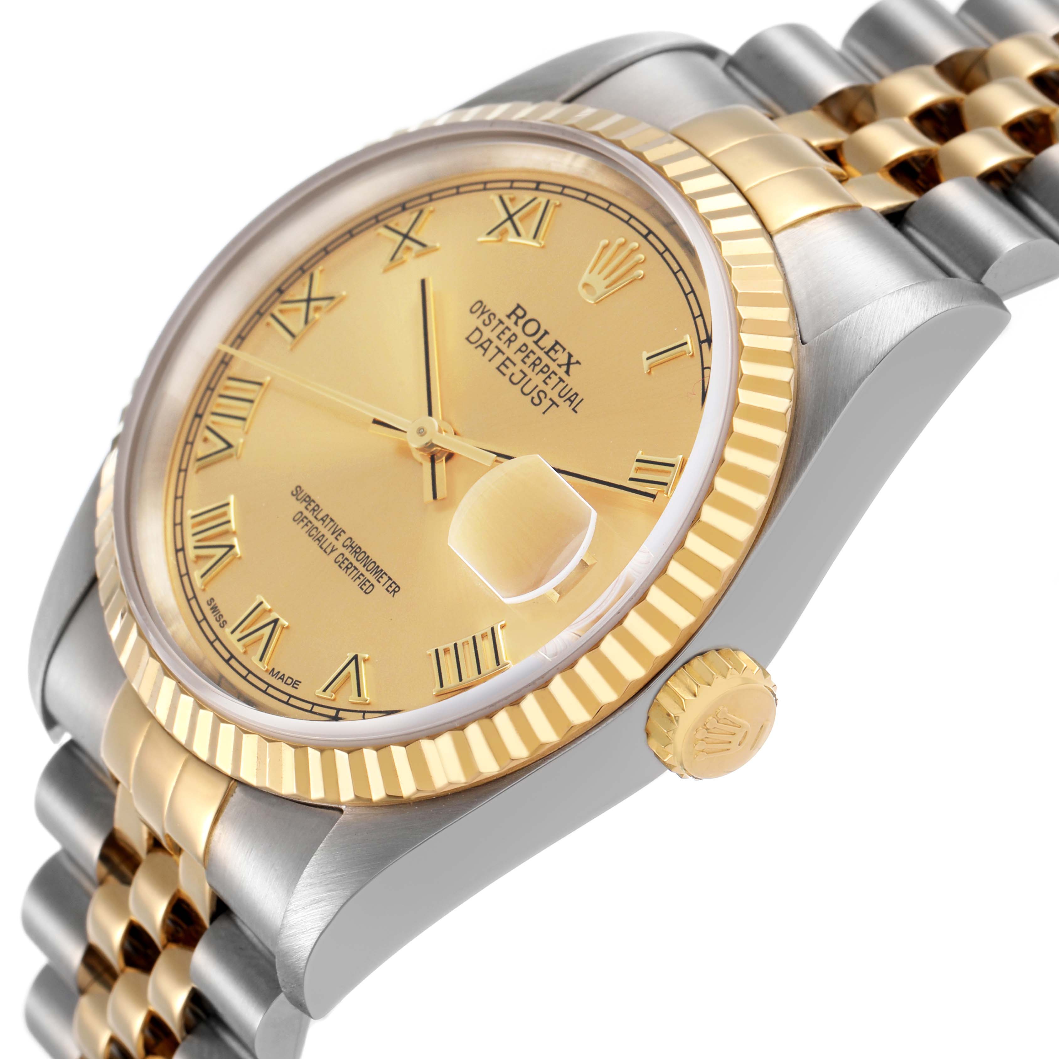 The Rolex Datejust 16233 Men's Steel and Gold (two tone) Champagne Dial watch is shown at a slight angle, featuring the dial, fluted bezel, crown, and Jubilee bracelet.