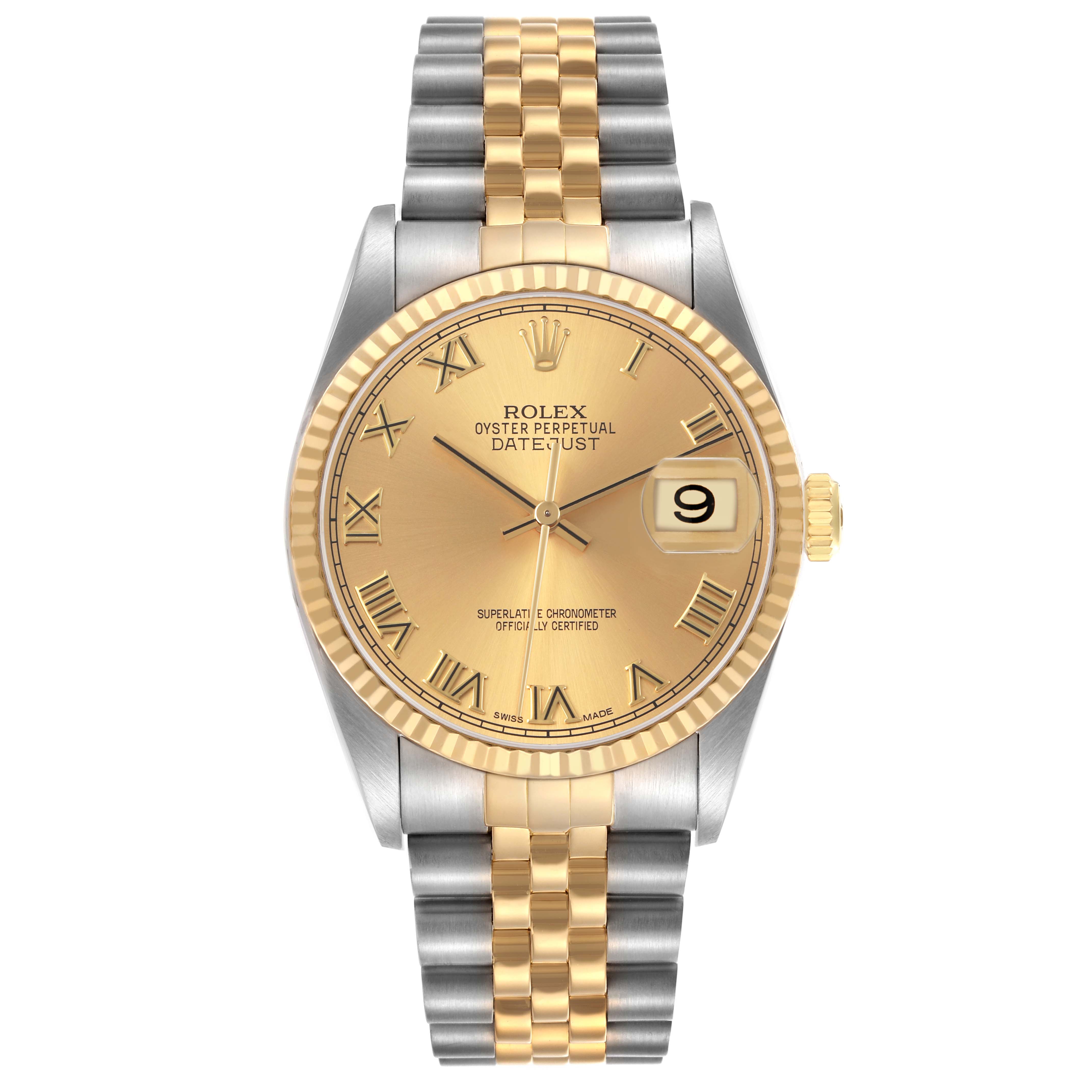 The Rolex Datejust 16233 Men's Steel and Gold (two tone) Champagne Dial watch is shown from the front, featuring its gold dial, fluted bezel, and Jubilee bracelet.