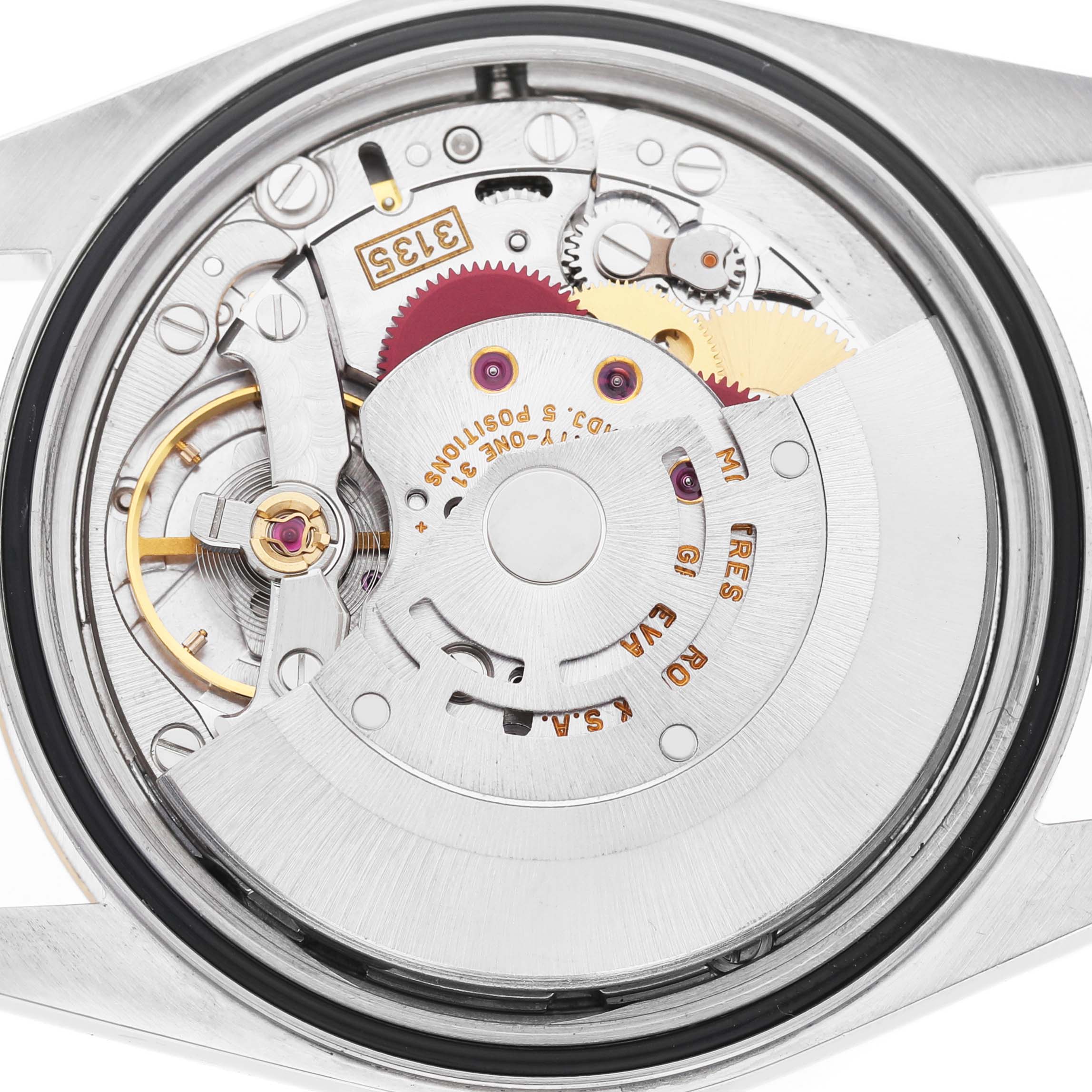 The image shows the intricate internal mechanism of a Rolex Datejust 16233 Men's Steel and Gold (two tone) Champagne Dial watch from a top-down angle.