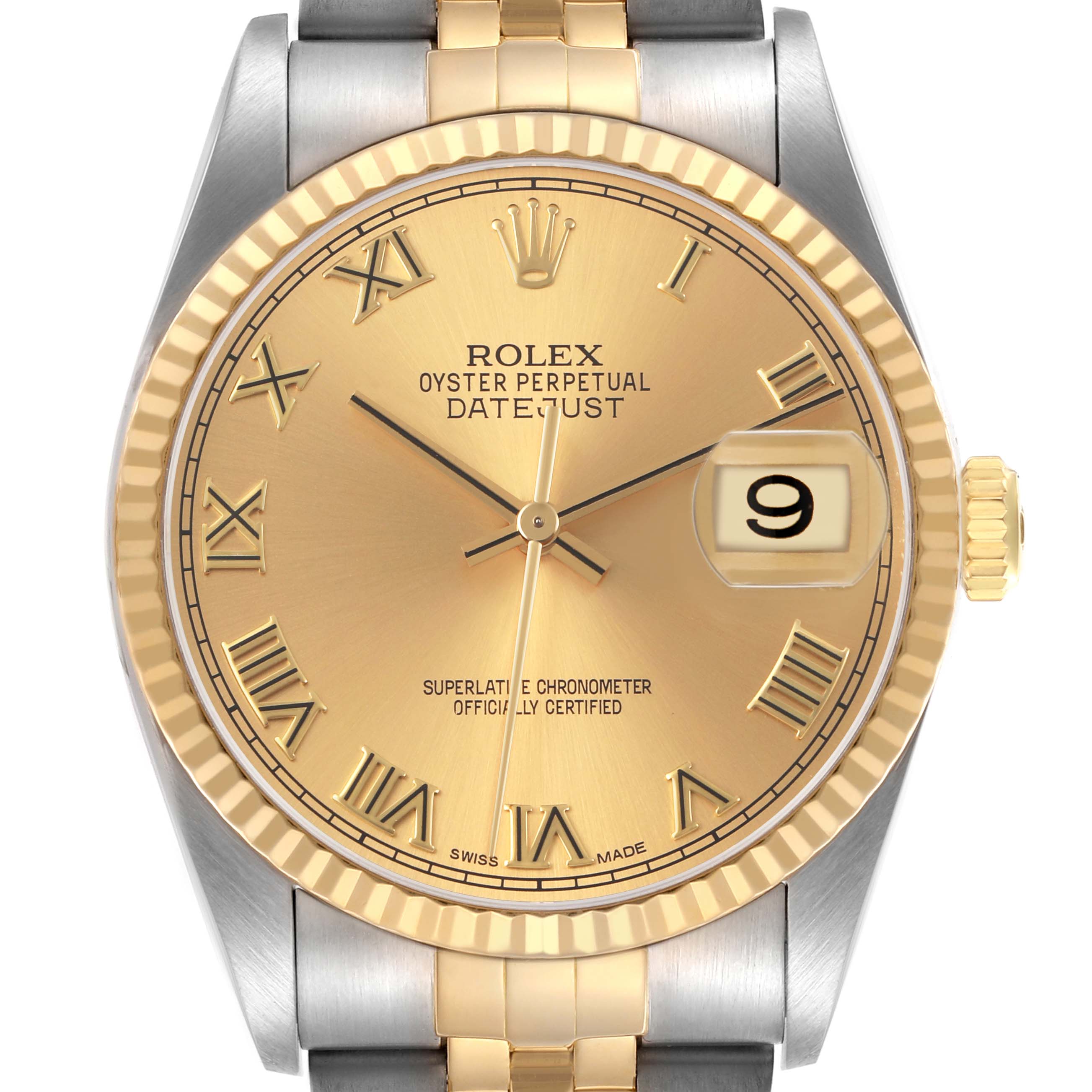 The Rolex Datejust 16233 Men's Steel and Gold (two tone) Champagne Dial watch is shown from a front angle, highlighting the gold dial, Roman numerals, fluted bezel, and part of the bracelet.
