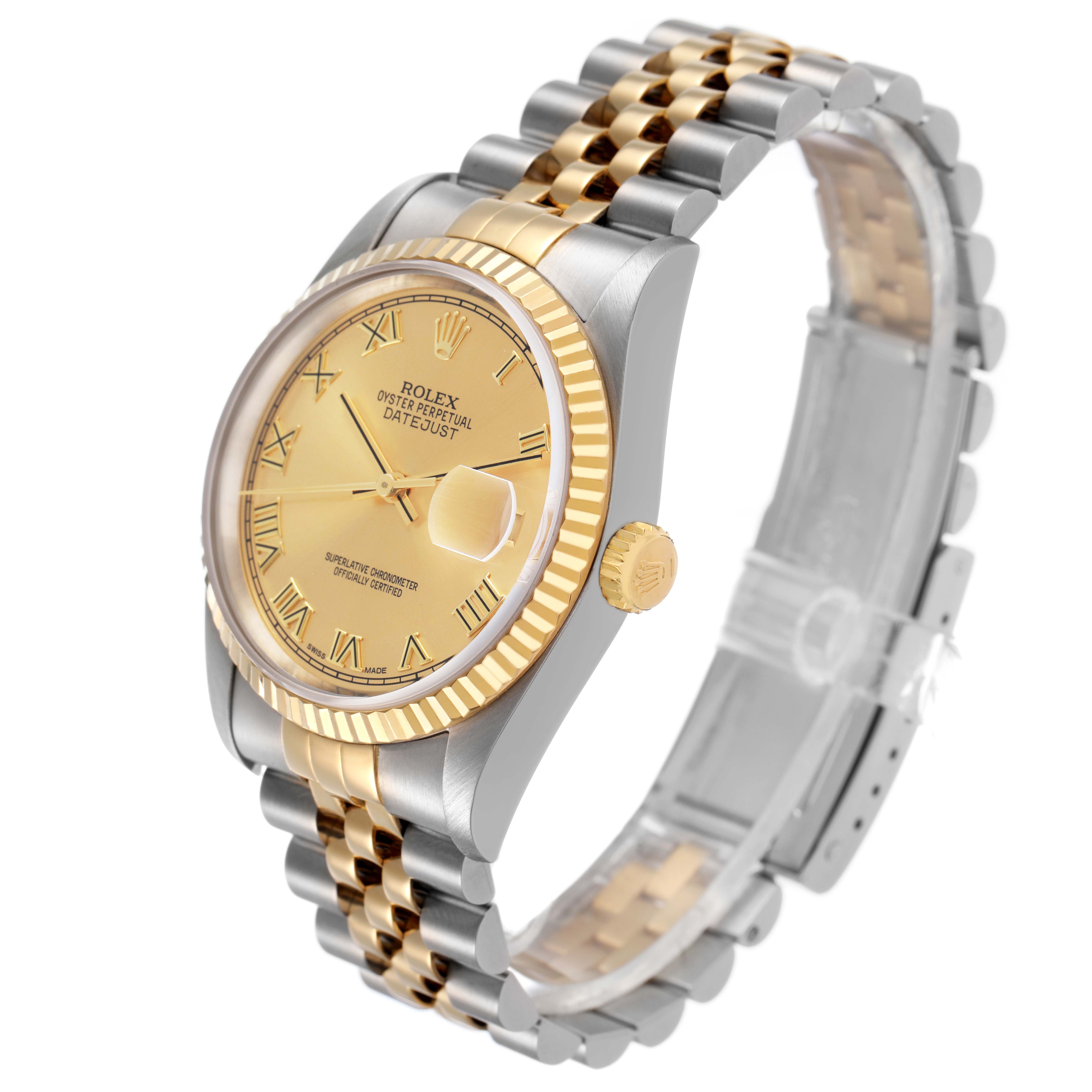 The Rolex Datejust 16233 Men's Steel and Gold (two tone) Champagne Dial watch is shown at a slight side angle, displaying its gold and silver Jubilee bracelet and fluted bezel.