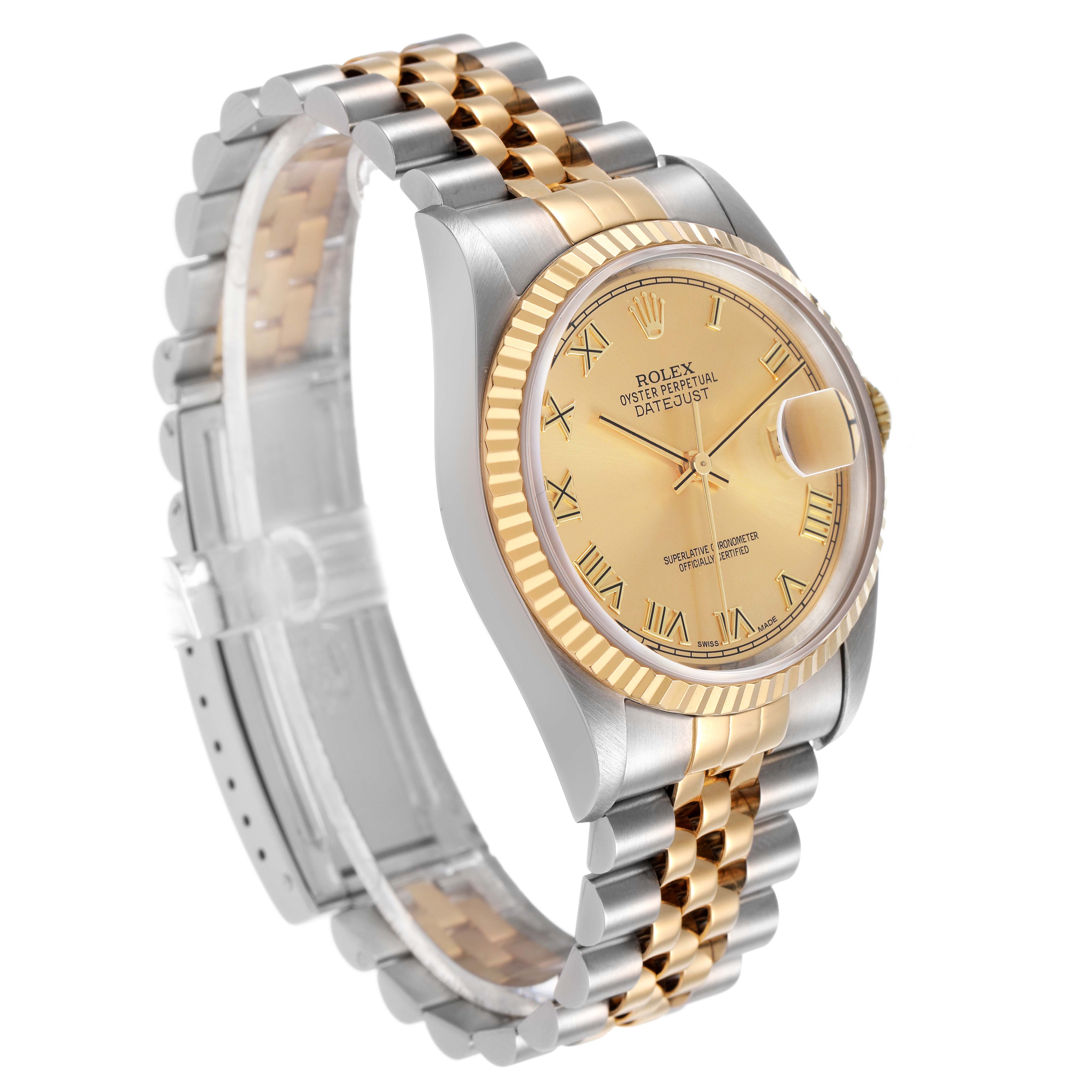 The Rolex Datejust 16233 Men's Steel and Gold (two tone) Champagne Dial watch is shown at a three-quarter angle, highlighting the bezel, dial, and jubilee bracelet.