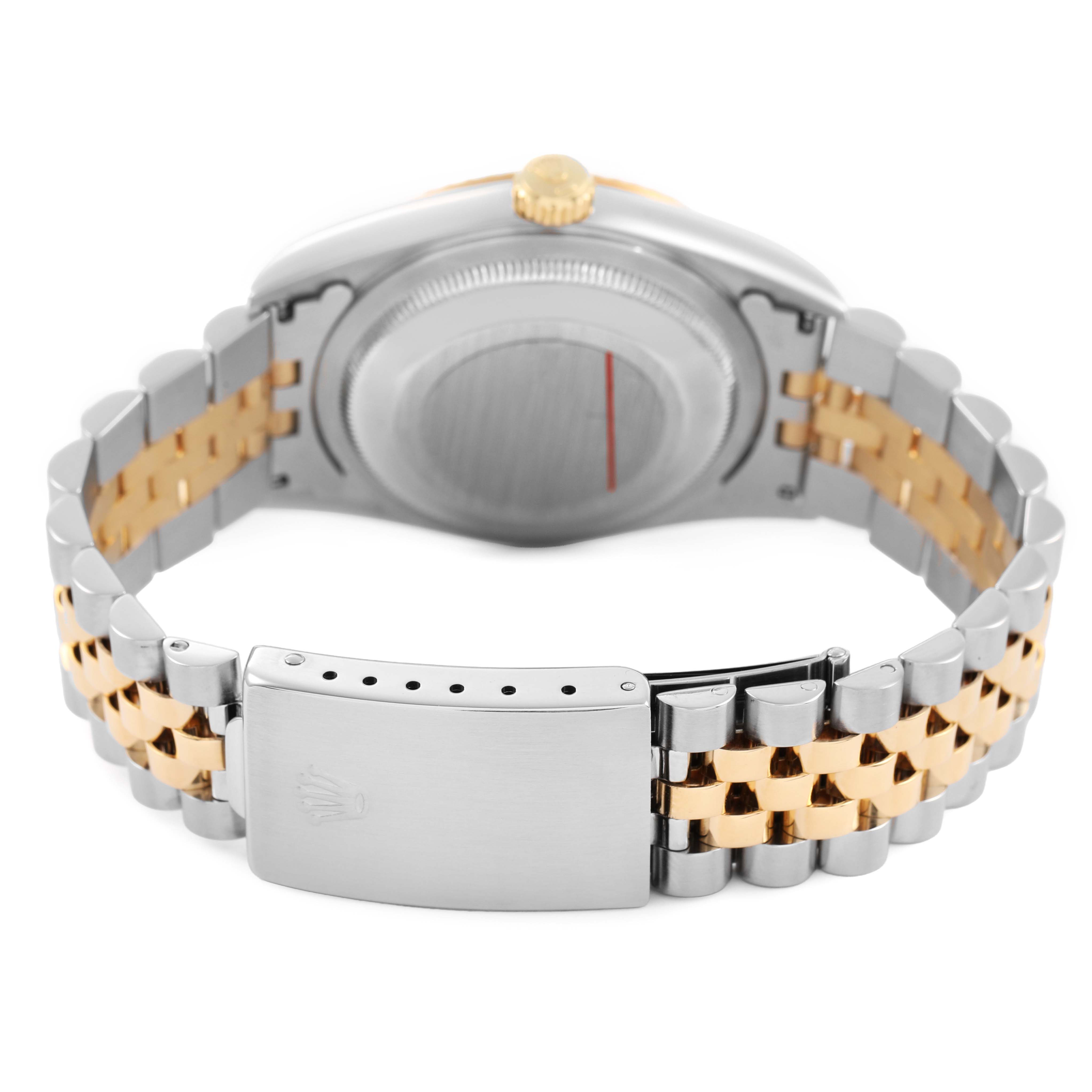 The image shows the back view of a Rolex Datejust 16233 Men's Steel and Gold (two tone) Champagne Dial, highlighting the bracelet and clasp.