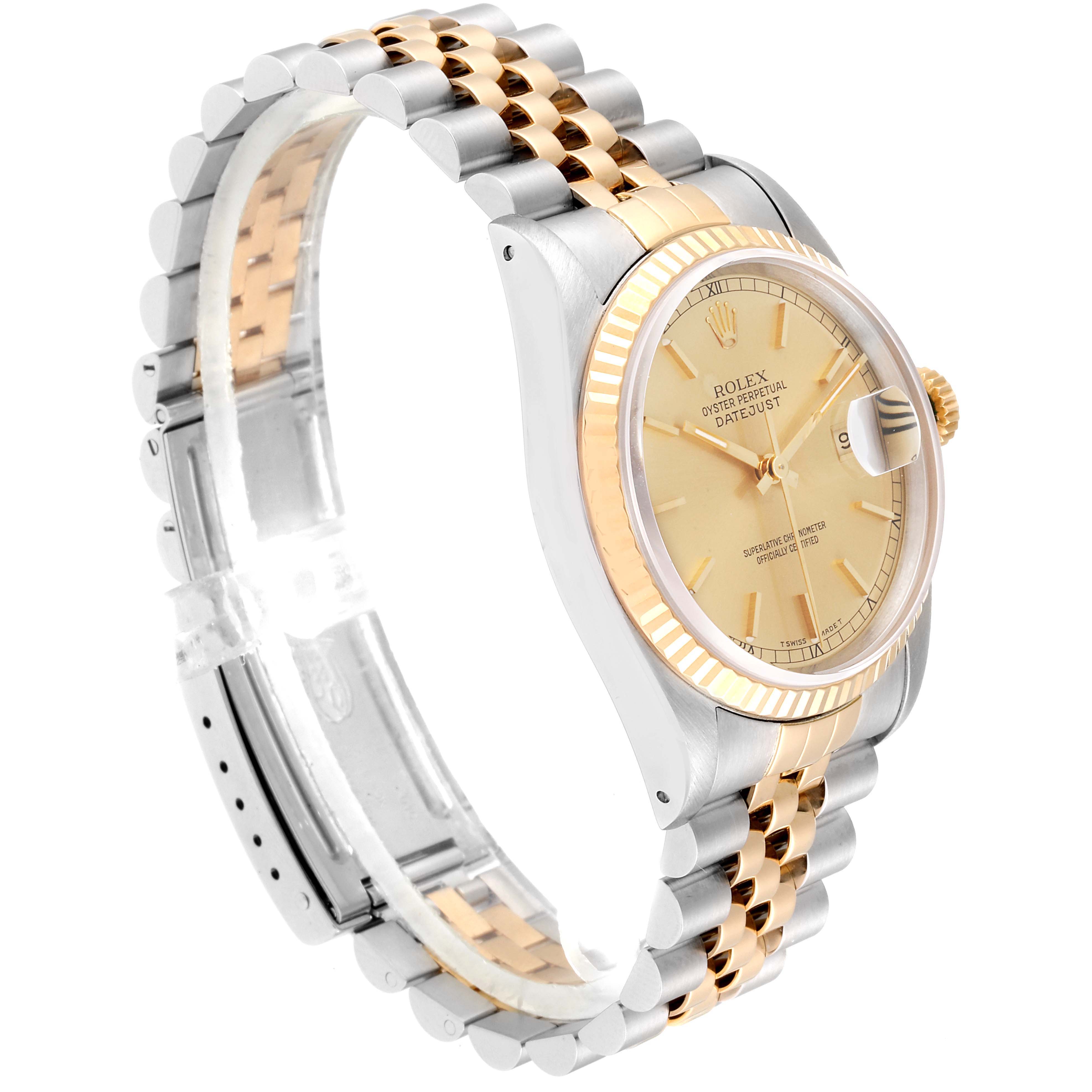 This image shows the Rolex Datejust 16233 Men's Steel and Gold (two tone) Champagne Dial 16233 Men's Steel and Gold (two tone) Champagne Dial watch at an angle highlighting its face, bezel, and Jubilee bracelet.
