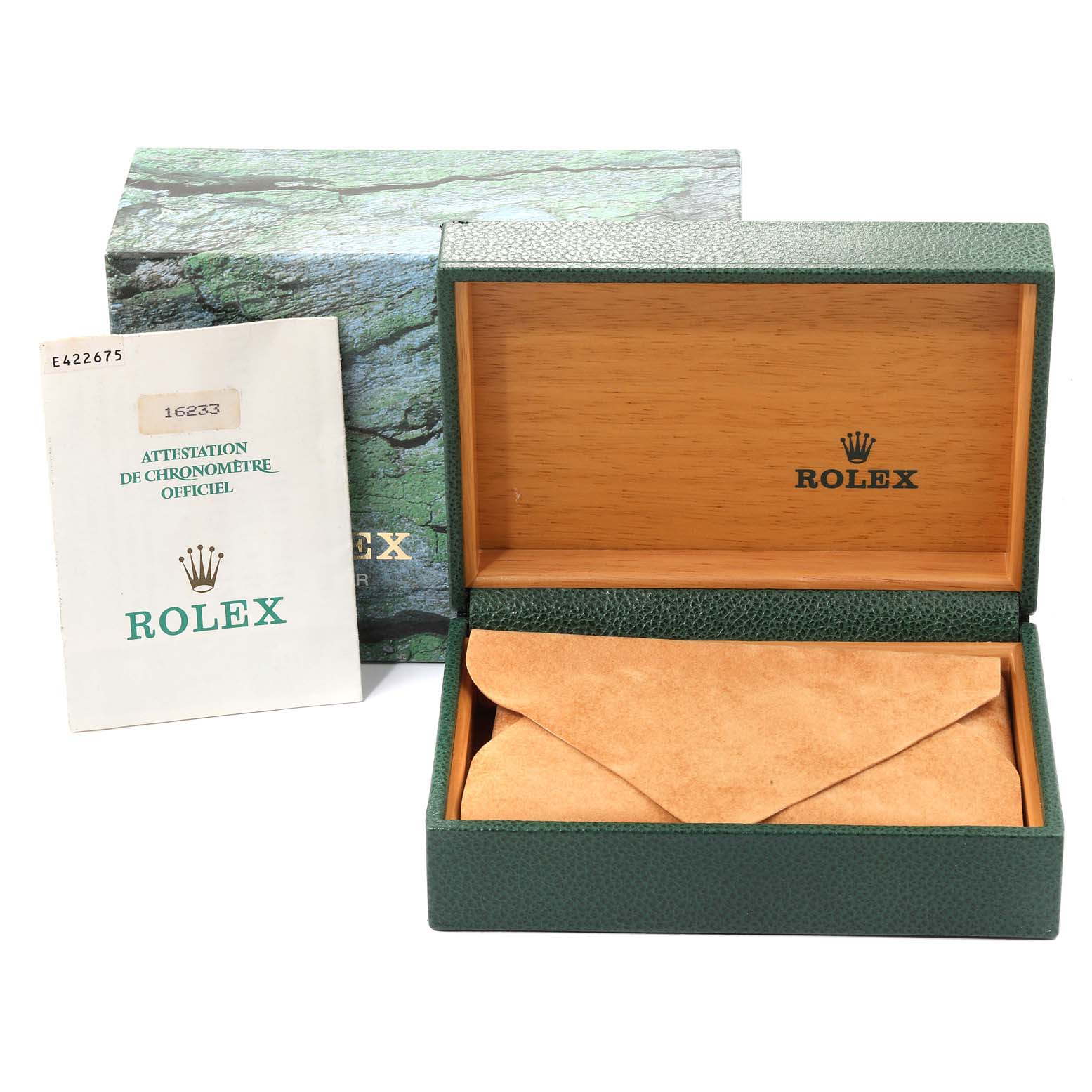 This image shows the box and official certification papers for a Rolex Datejust 16233 Men's Steel and Gold (two tone) Champagne Dial 16233 Men's Steel and Gold (two tone) Champagne Dial from an overhead angle.