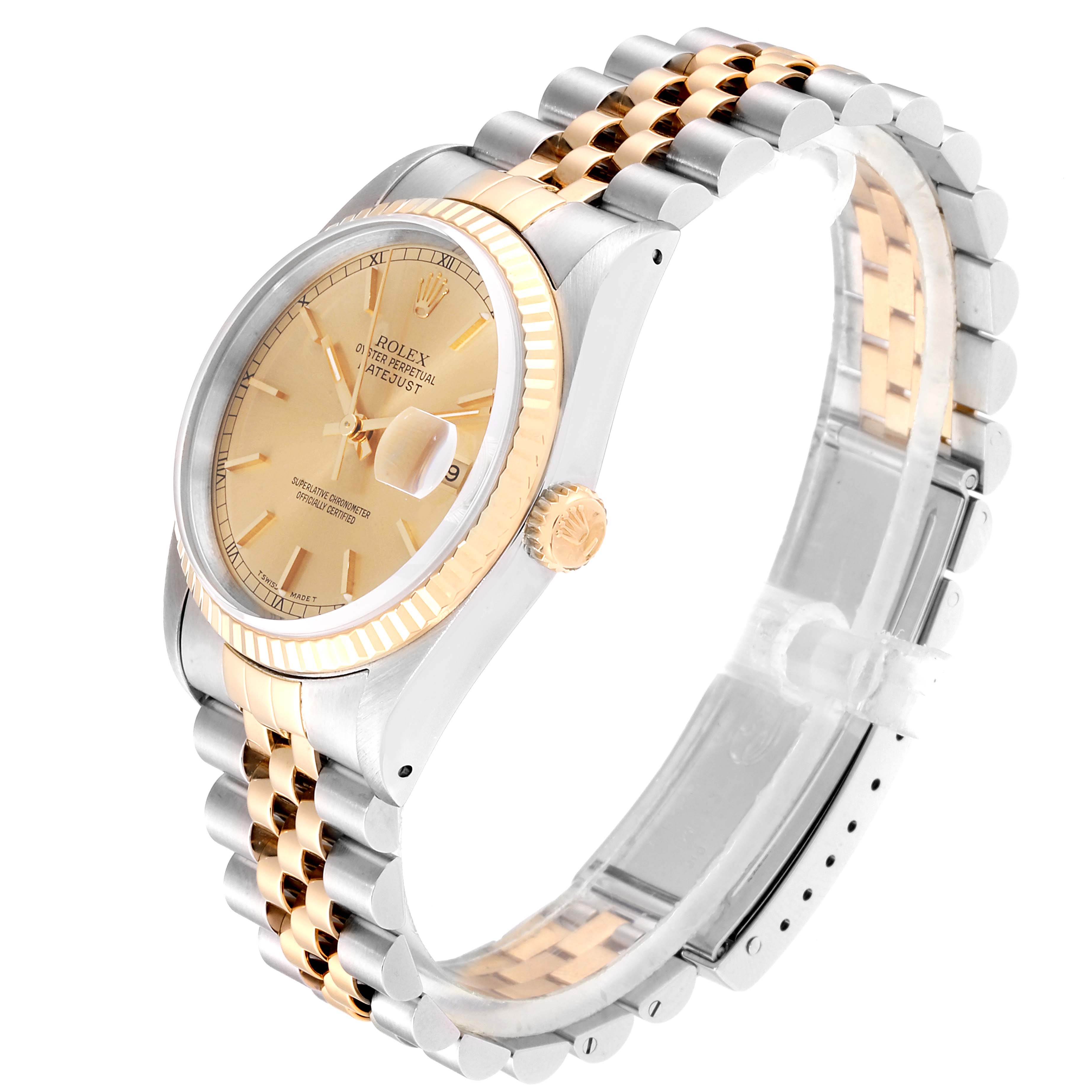 This Rolex Datejust 16233 Men's Steel and Gold (two tone) Champagne Dial 16233 Men's Steel and Gold (two tone) Champagne Dial watch is shown from an angle displaying the dial, bezel, crown, and Jubilee bracelet.