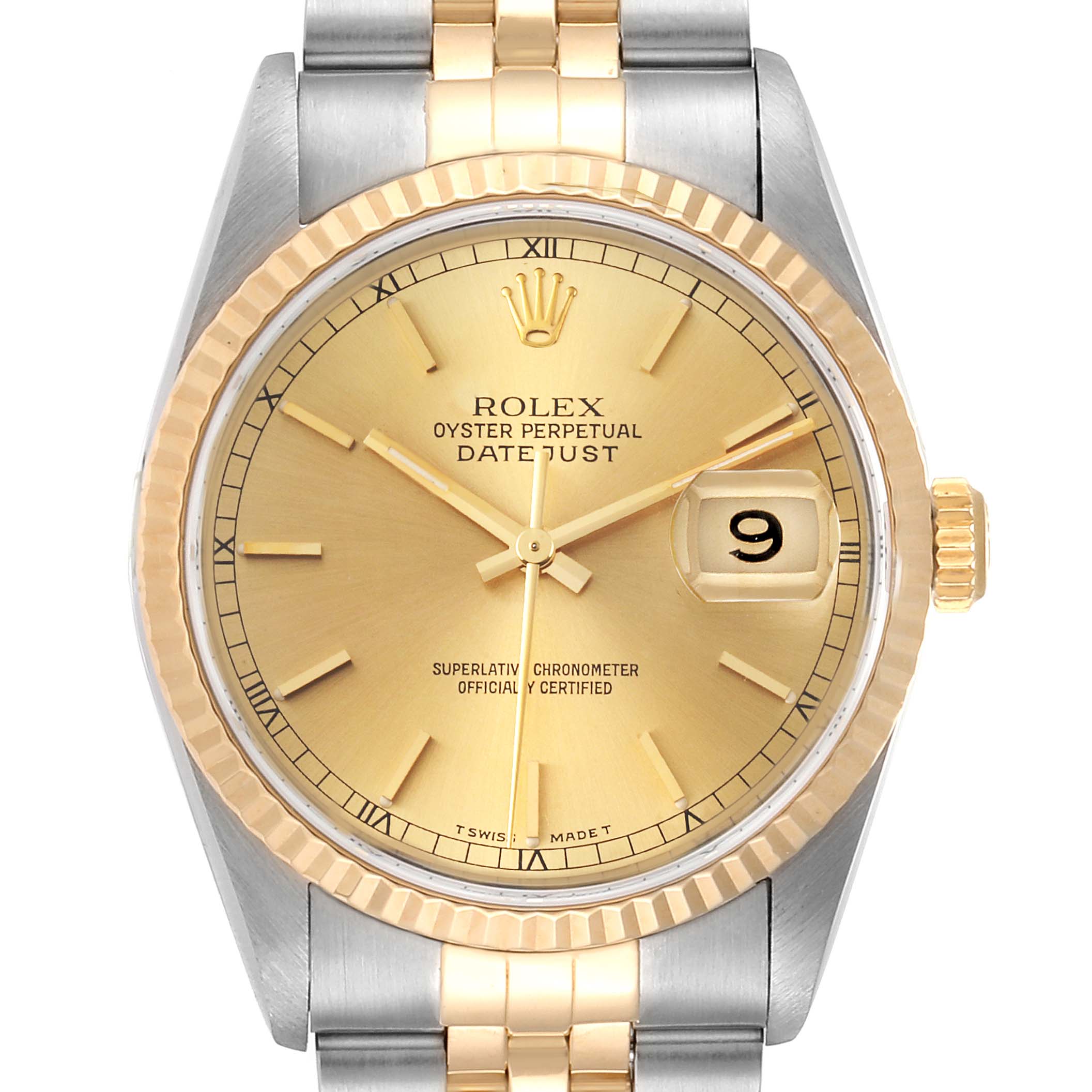 This is a close-up of the Rolex Datejust 16233 Men's Steel and Gold (two tone) Champagne Dial 16233 Men's Steel and Gold (two tone) Champagne Dial watch, highlighting the face, hands, date, and part of the two-tone bracelet.