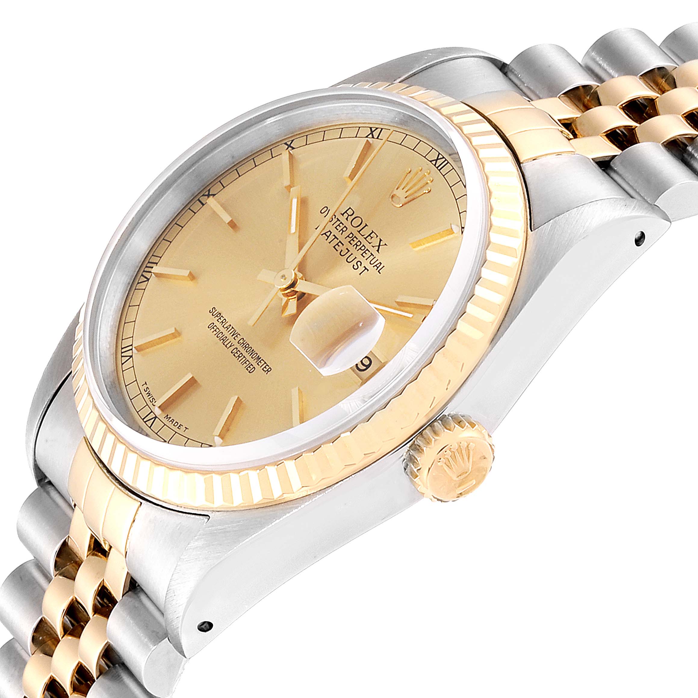The image shows a close-up side view of a Rolex Datejust 16233 Men's Steel and Gold (two tone) Champagne Dial 16233 Men's Steel and Gold (two tone) Champagne Dial watch, highlighting its crown, bezel, and part of the bracelet.