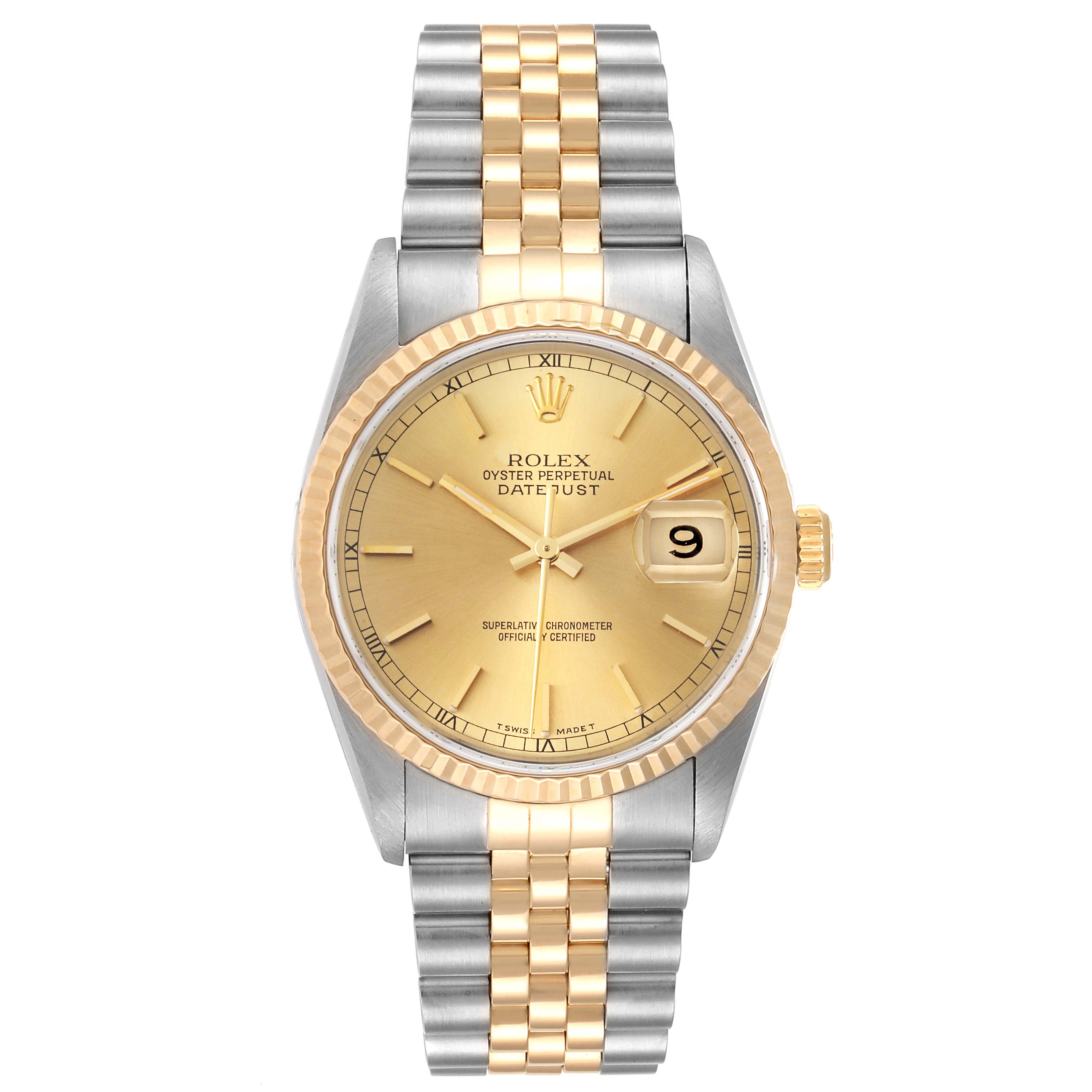 The image shows a Rolex Datejust 16233 Men's Steel and Gold (two tone) Champagne Dial 16233 Men's Steel and Gold (two tone) Champagne Dial watch from a front angle, displaying its face, bezel, and two-tone bracelet.