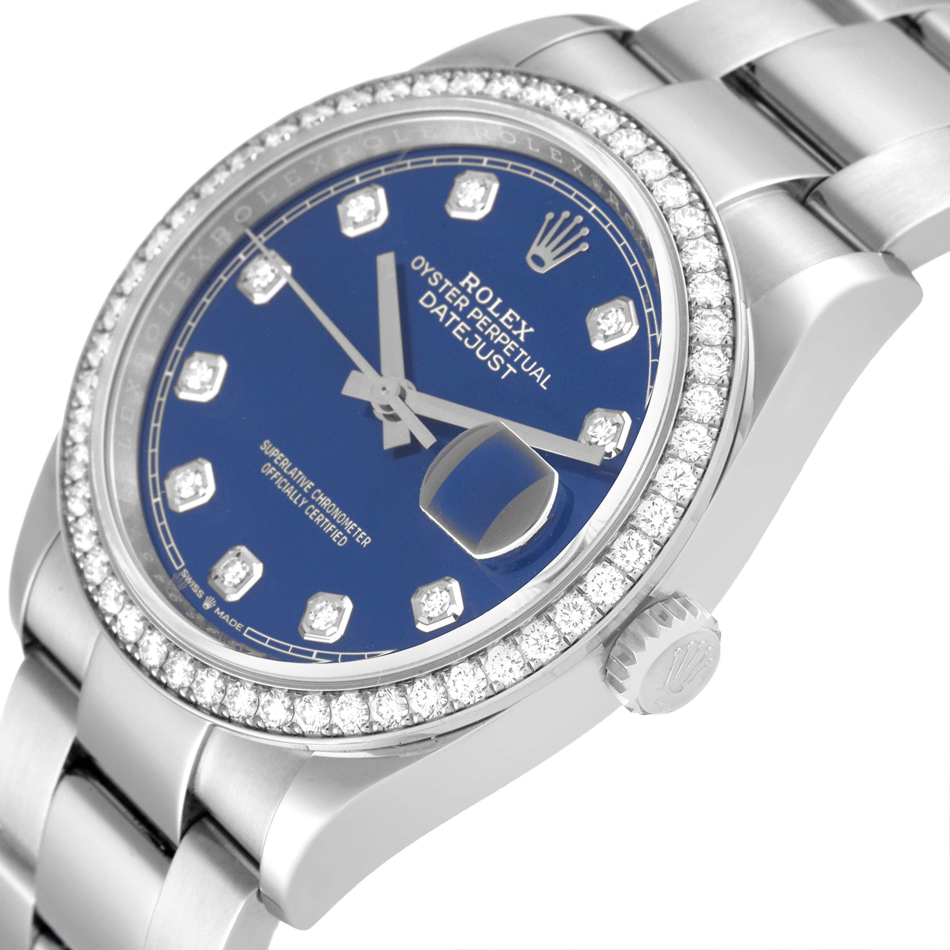 This image shows the face and bracelet of the Rolex Datejust 126284 Men's Stainless Steel Blue Dial 126284 Men's Stainless Steel Blue Dial watch at an angled close-up.