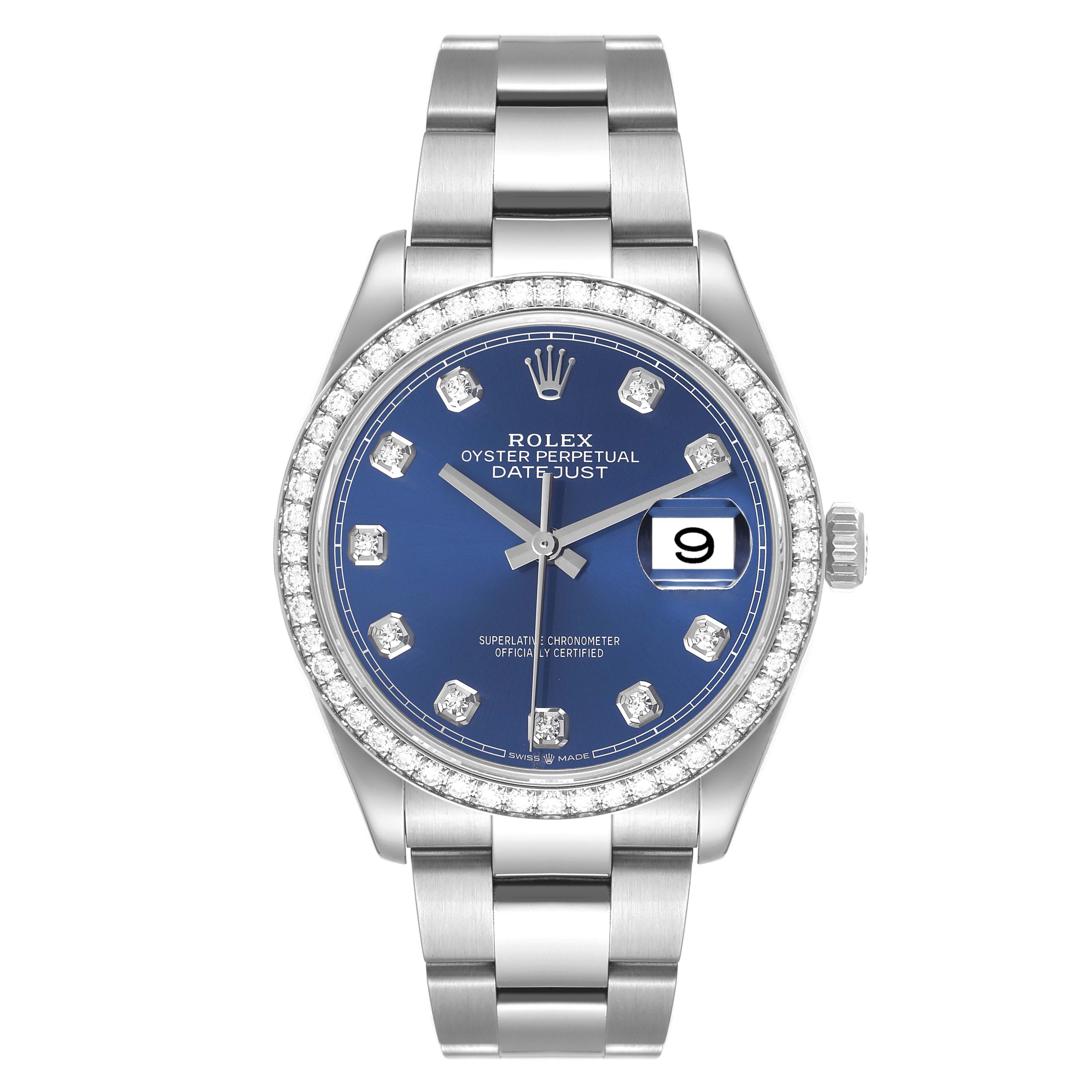 The Rolex Datejust 126284 Men's Stainless Steel Blue Dial 126284 Men's Stainless Steel Blue Dial watch is shown from a front angle, featuring a blue dial, diamond hour markers, date display, and stainless steel bracelet.