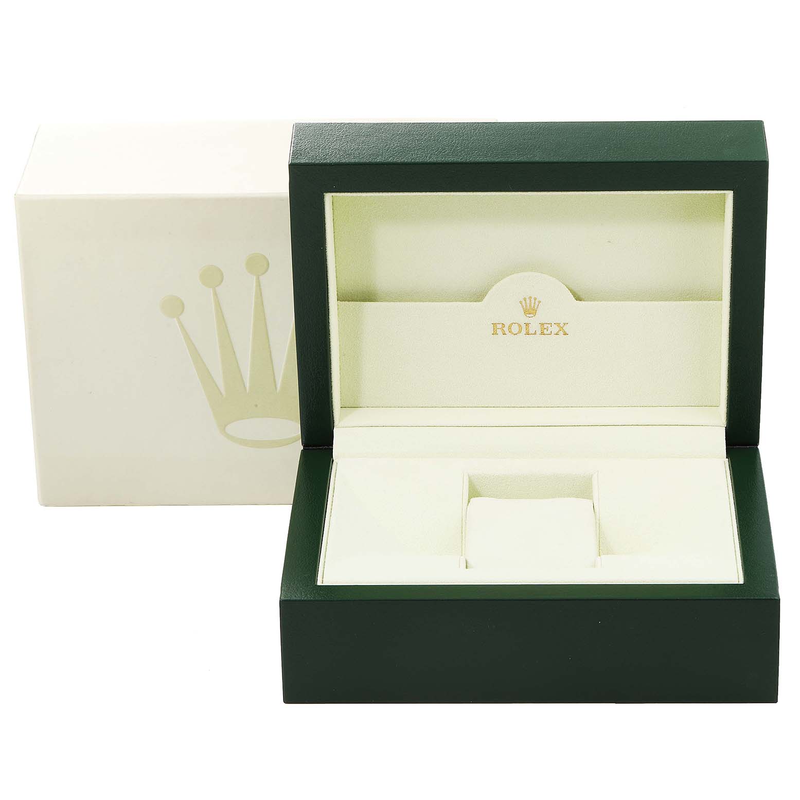 This image shows a Rolex Datejust 126284 Men's Stainless Steel Blue Dial 126284 Men's Stainless Steel Blue Dial watch presentation box and inner cushion from a front angle.