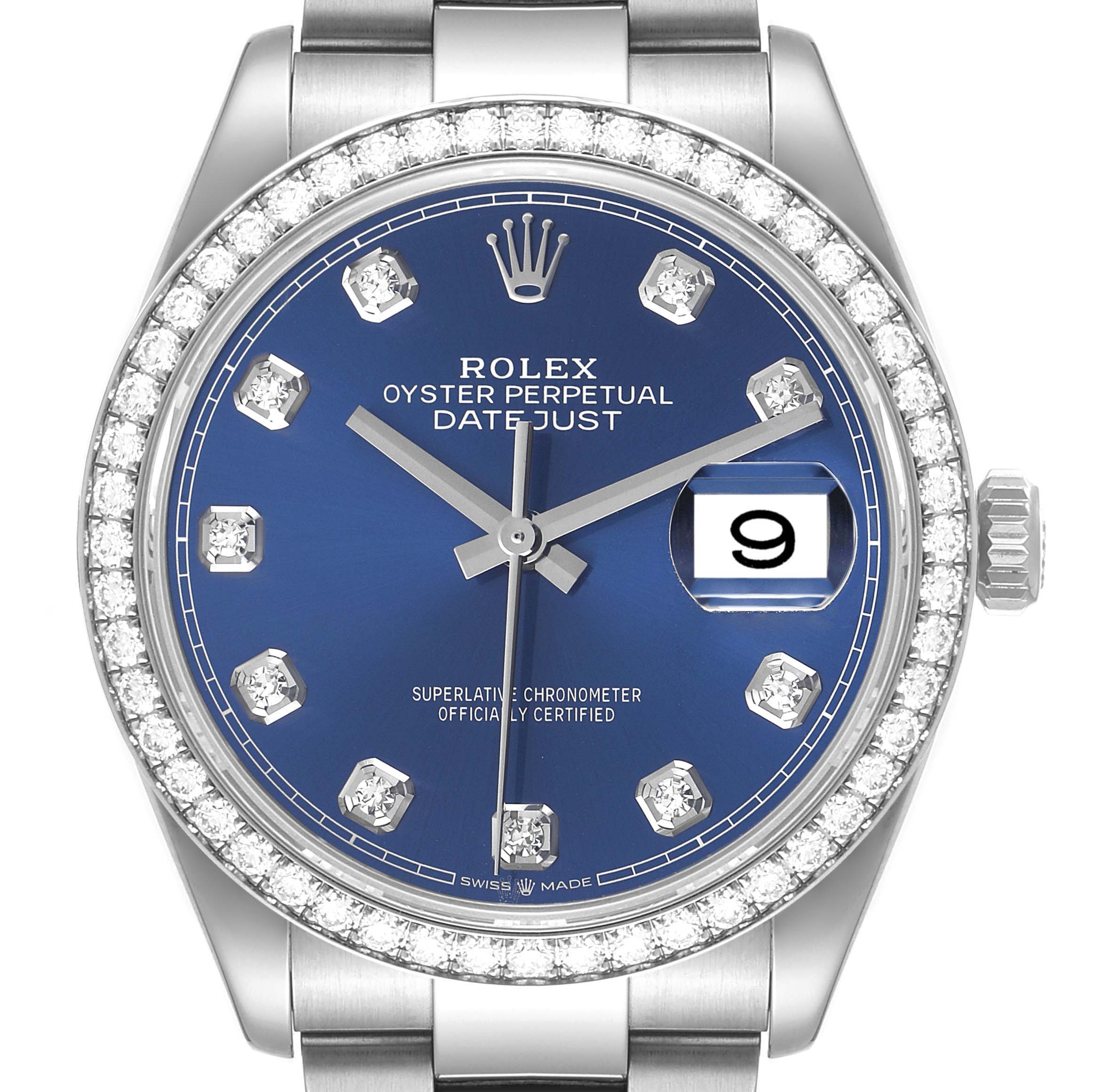 The image shows a front view of a Rolex Datejust 126284 Men's Stainless Steel Blue Dial 126284 Men's Stainless Steel Blue Dial watch, highlighting the blue dial, diamond markers, bezel, and date window.