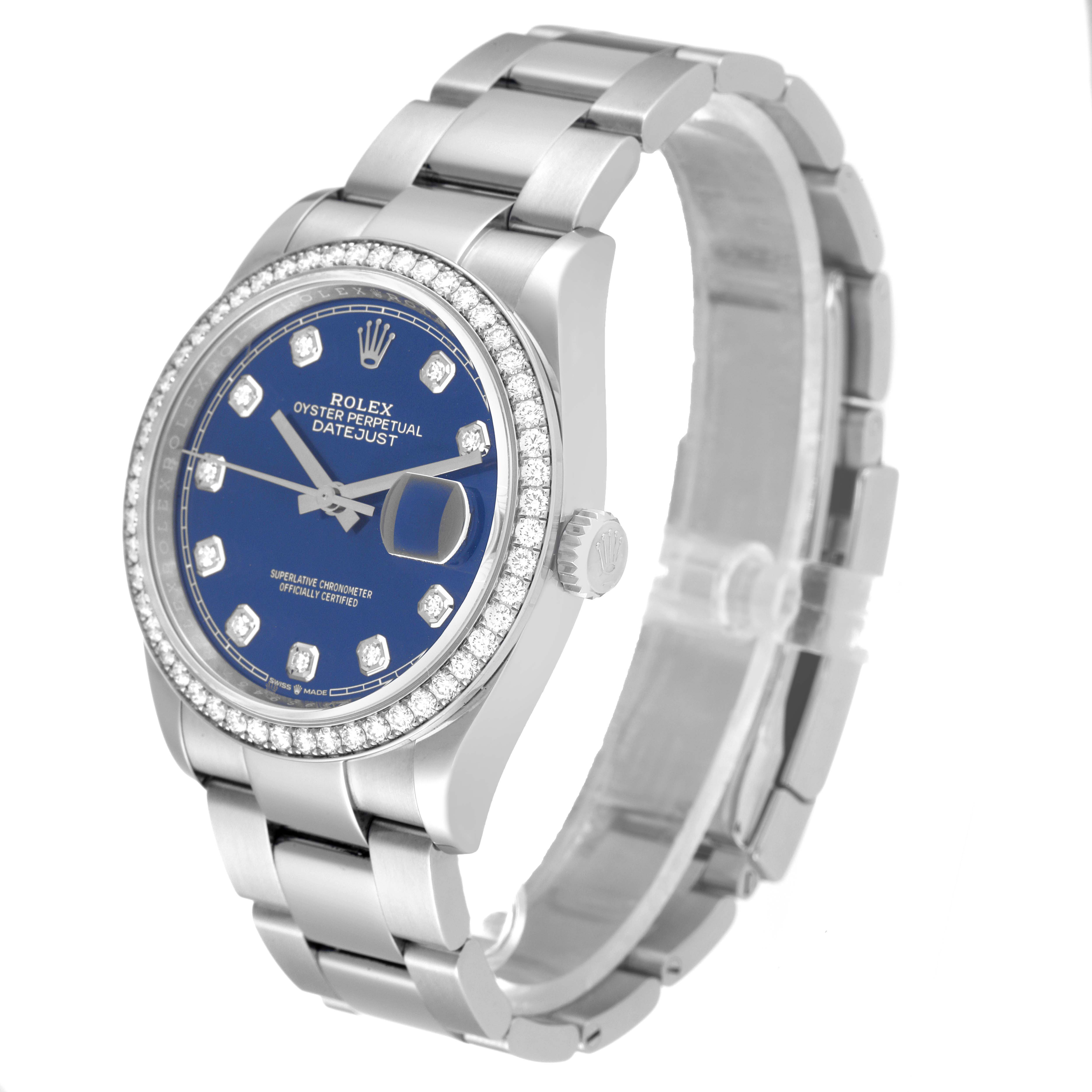 This image shows a Rolex Datejust 126284 Men's Stainless Steel Blue Dial 126284 Men's Stainless Steel Blue Dial model watch at a three-quarter angle, displaying the face, bezel, and bracelet.