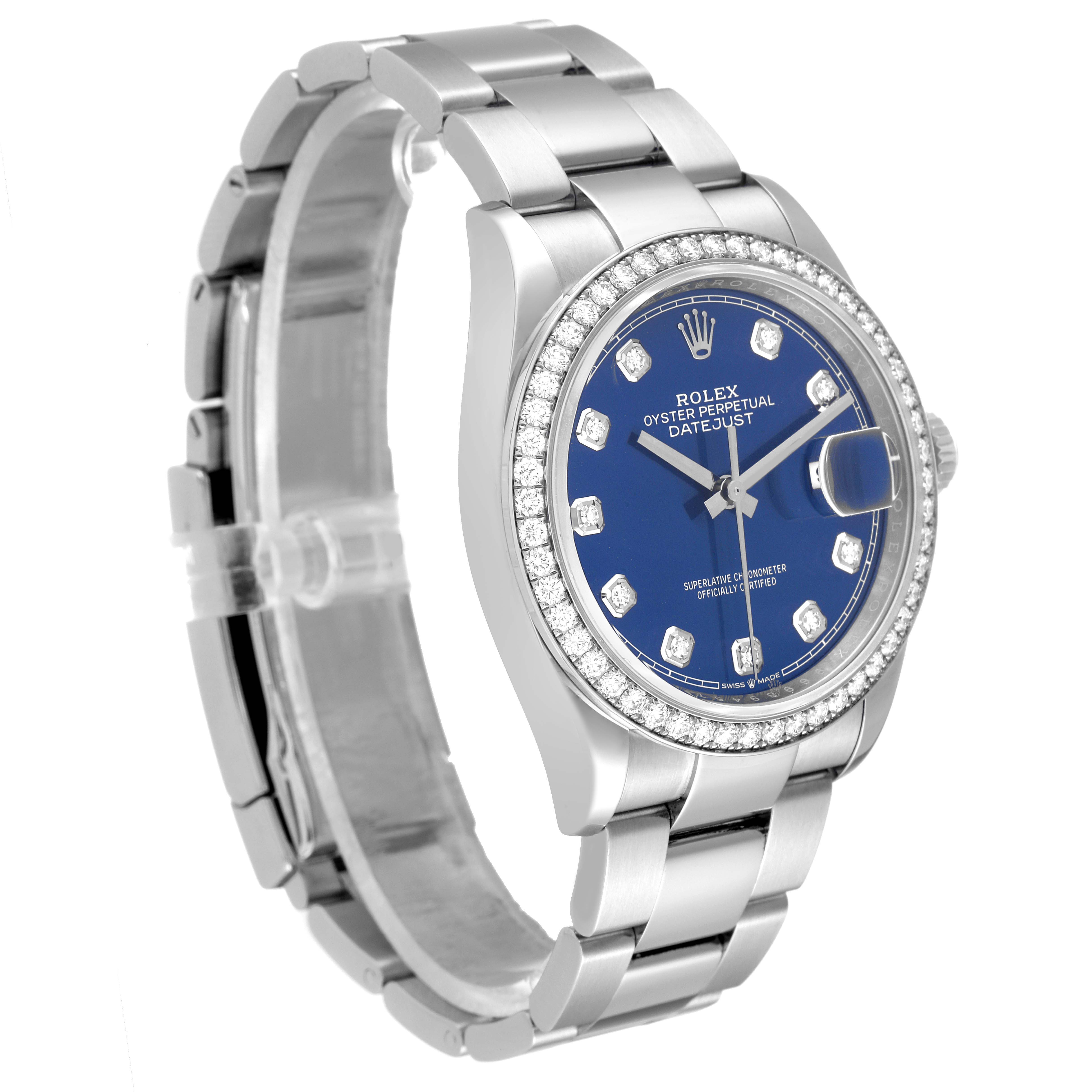 The image shows a Rolex Datejust 126284 Men's Stainless Steel Blue Dial 126284 Men's Stainless Steel Blue Dial watch at a three-quarter angle, highlighting the bracelet, dial, bezel, and crown.