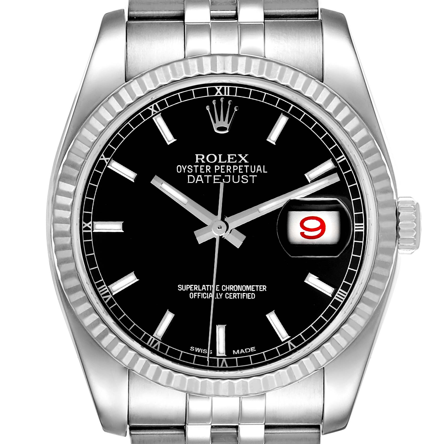 This image shows a Rolex Datejust 116234 Men
s Stainless Steel Black Dial 116234 Men
s Stainless Steel Black Dial watch from a front angle, highlighting the dial, date window, and a portion of the bracelet.