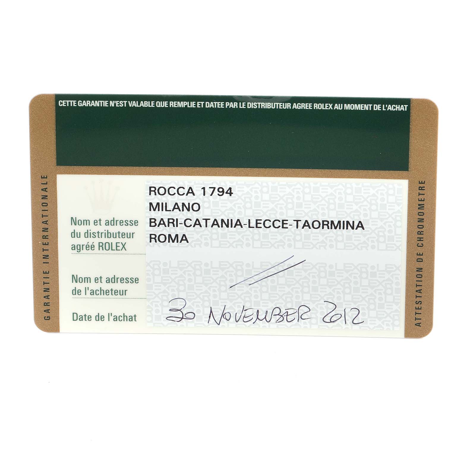 This image shows the warranty card for a Rolex Datejust 116234 Men
s Stainless Steel Black Dial 116234 Men
s Stainless Steel Black Dial model, including the purchase date and distributor information.