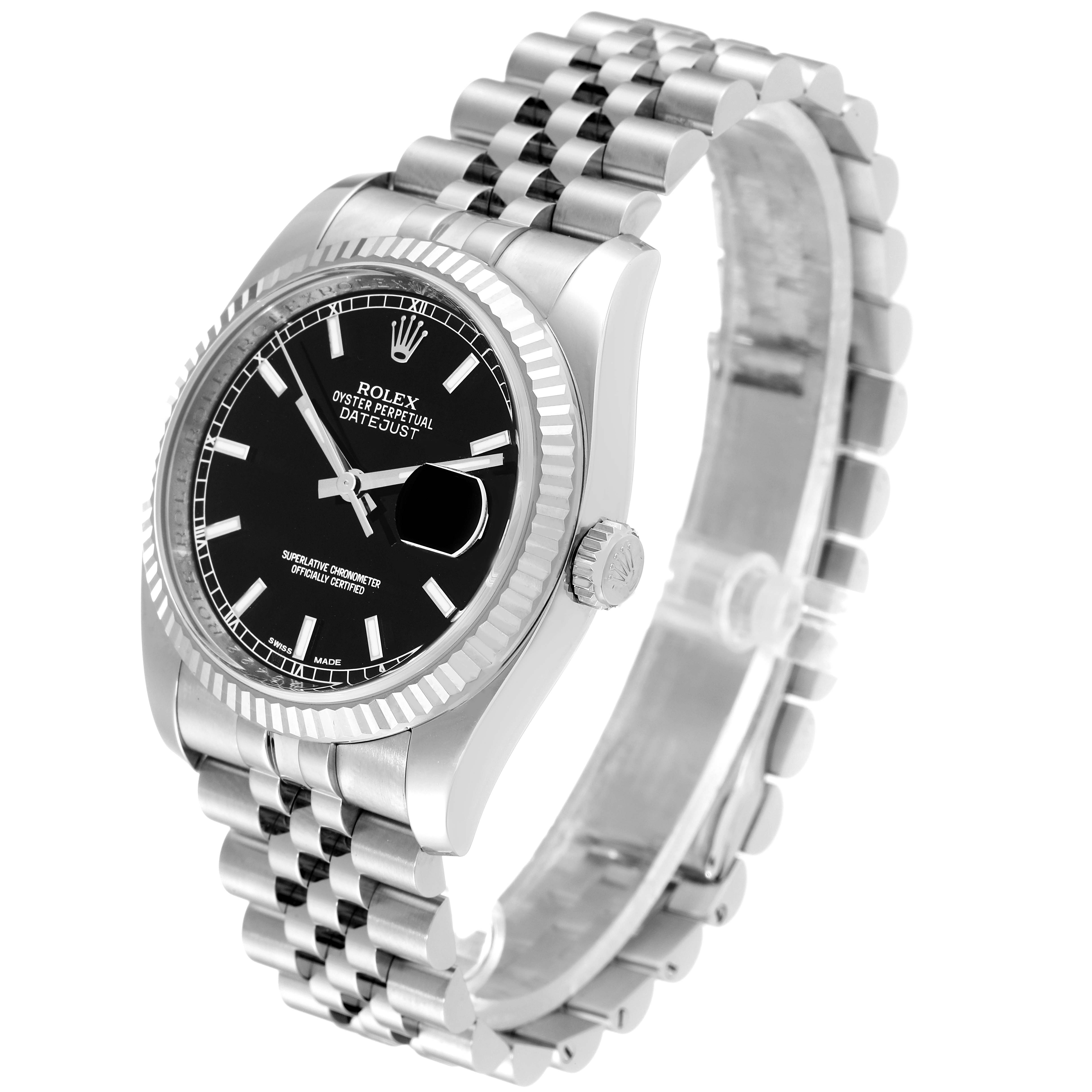 The image shows a Rolex Datejust 116234 Men
s Stainless Steel Black Dial 116234 Men
s Stainless Steel Black Dial watch at an angle displaying its black dial, fluted bezel, and Jubilee bracelet.