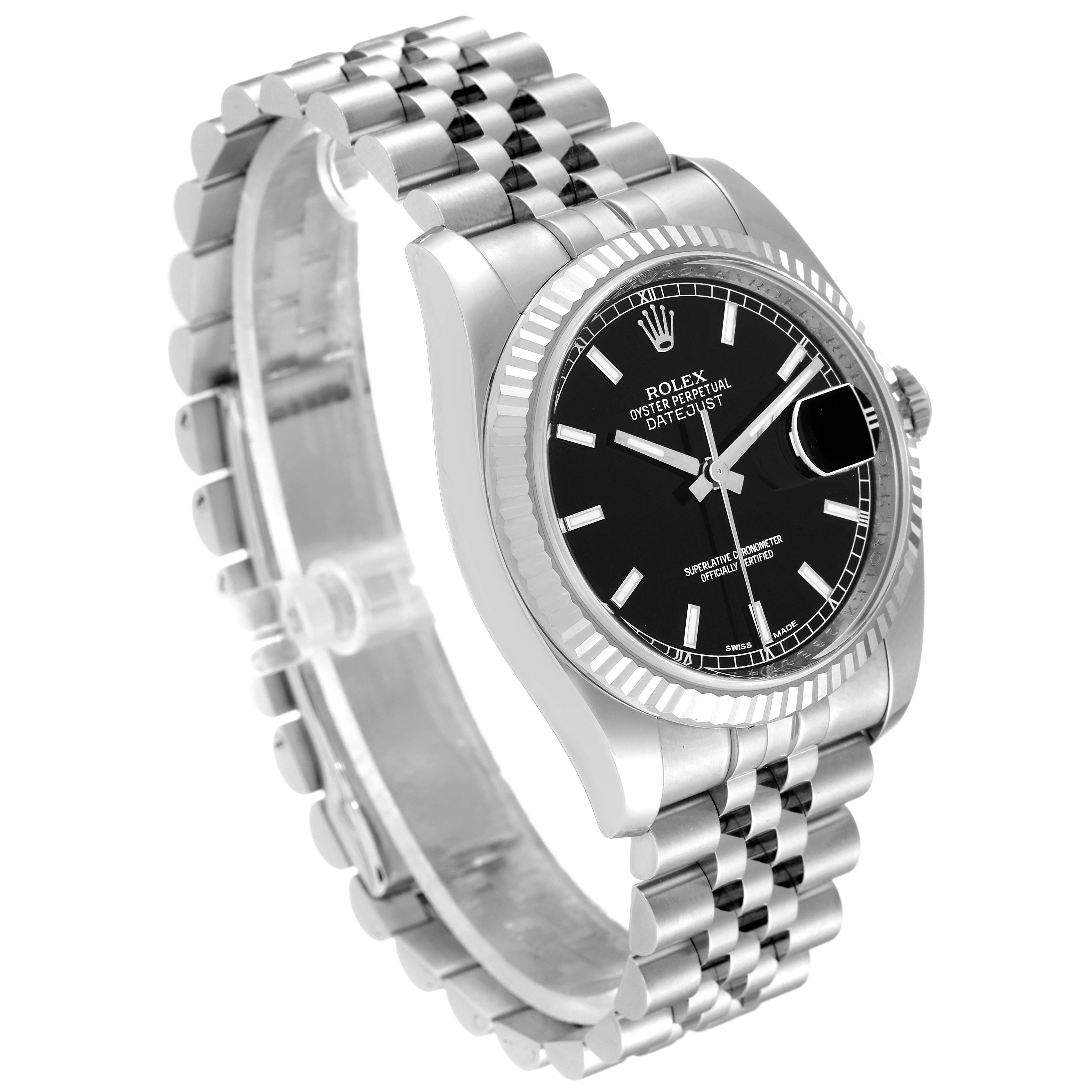 The Rolex Datejust 116234 Men
s Stainless Steel Black Dial 116234 Men
s Stainless Steel Black Dial watch is shown at a three-quarter angle, highlighting its bezel, dial, bracelet, and crown.