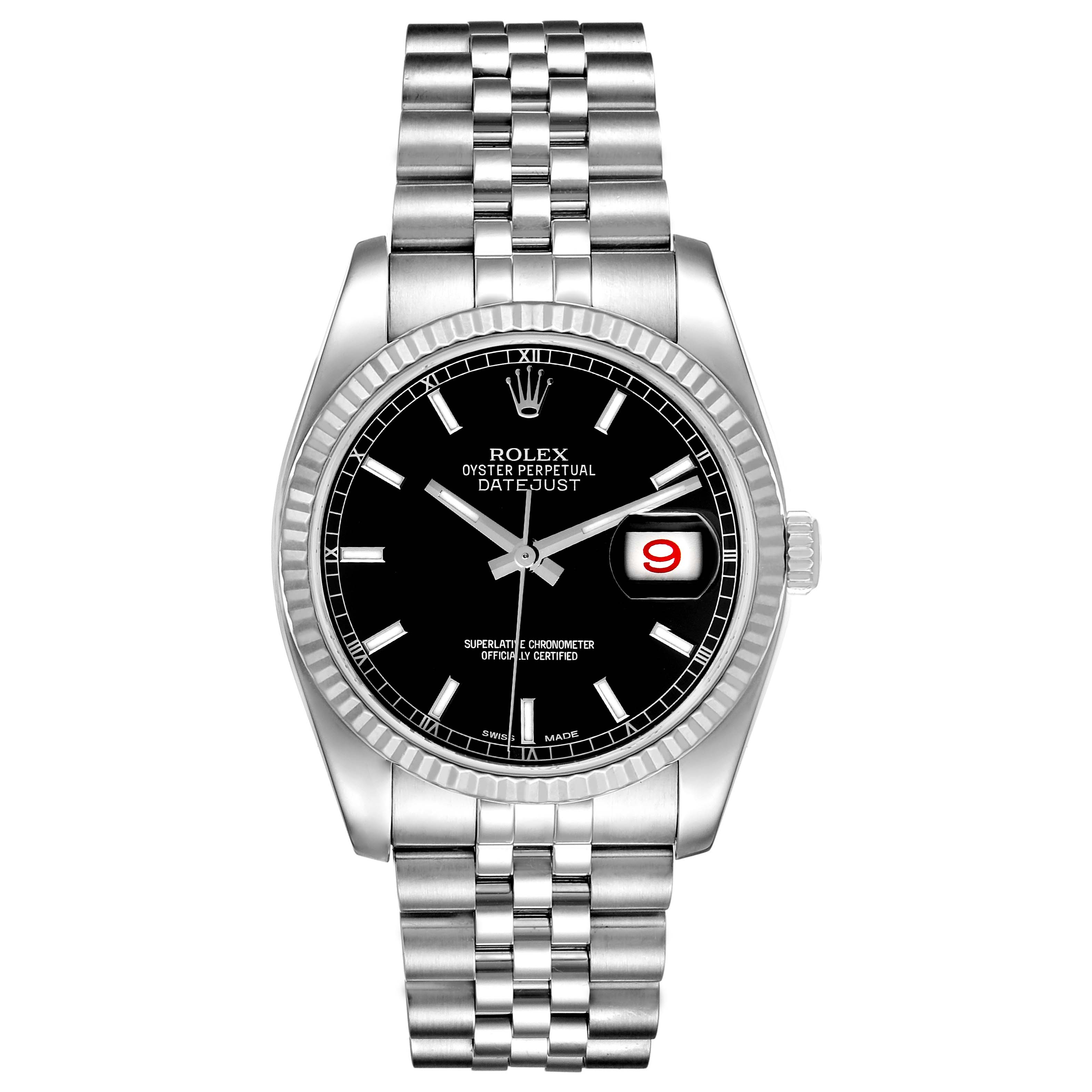 This image shows a front view of a Rolex Datejust 116234 Men
s Stainless Steel Black Dial 116234 Men
s Stainless Steel Black Dial watch, featuring its dial, hands, date window, and stainless steel bracelet.