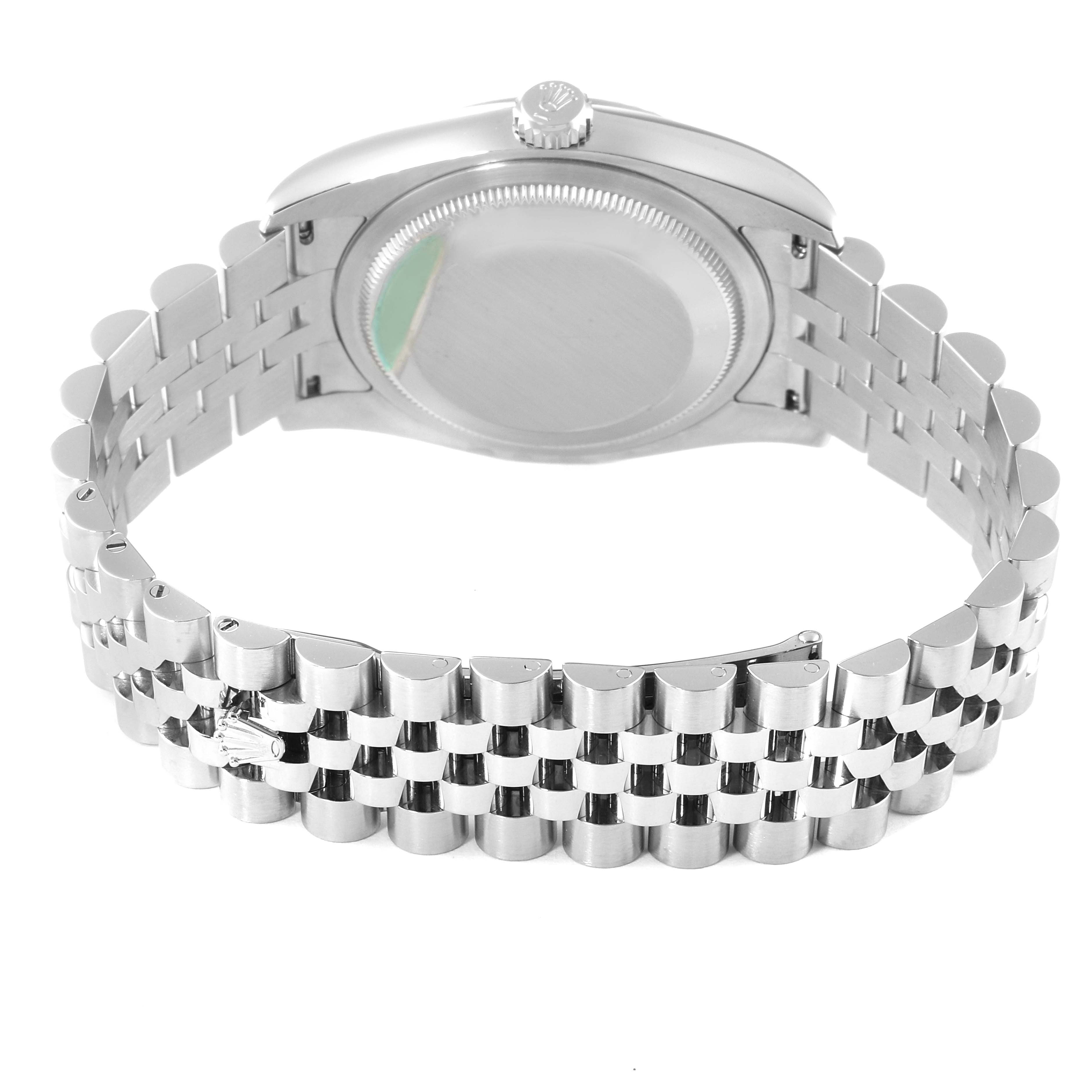 The image shows the back case and Jubilee bracelet of a Rolex Datejust 116234 Men
s Stainless Steel Black Dial 116234 Men
s Stainless Steel Black Dial watch.