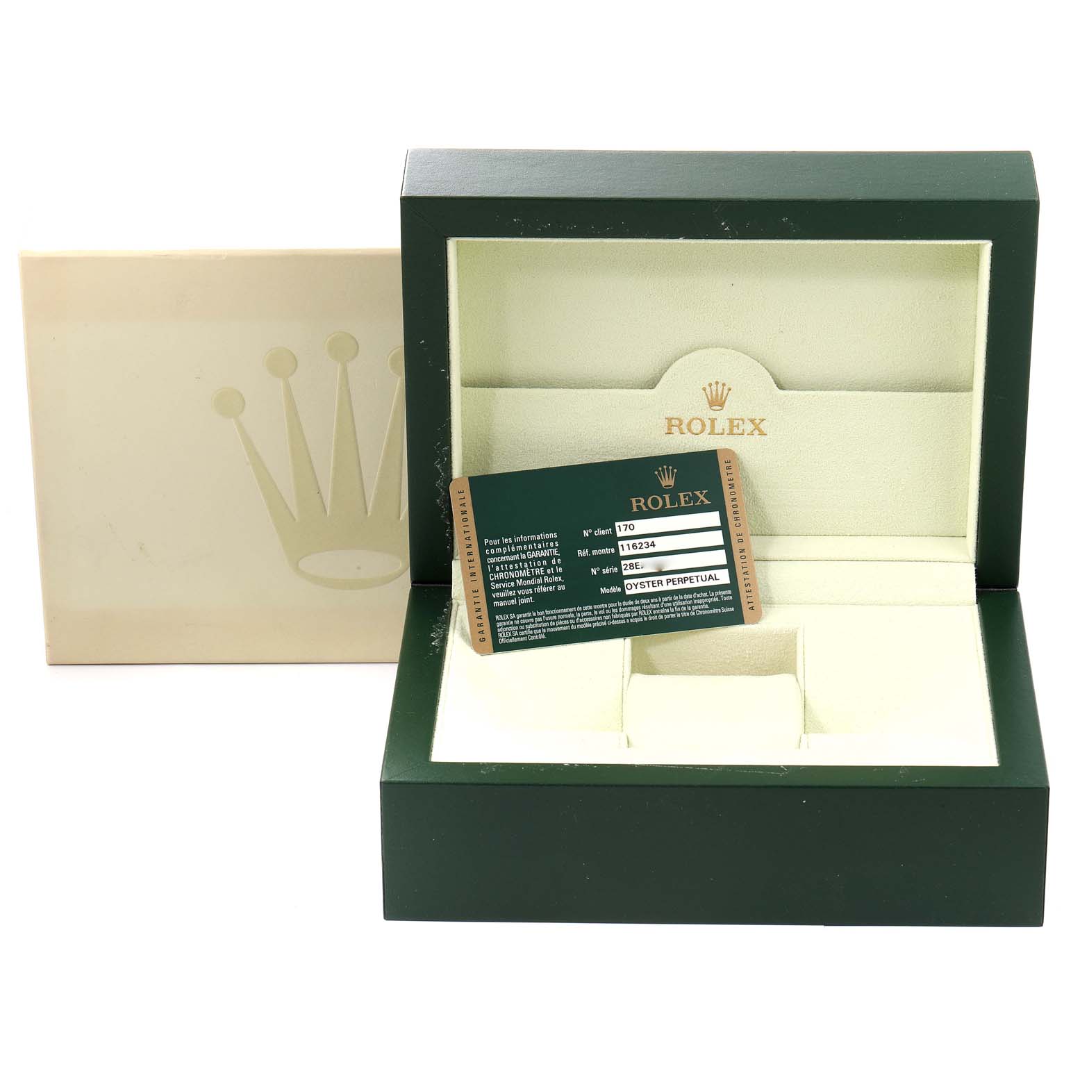 The image shows a Rolex Datejust 116234 Men
s Stainless Steel Black Dial 116234 Men
s Stainless Steel Black Dial box and warranty card, with the box open and the card placed inside.