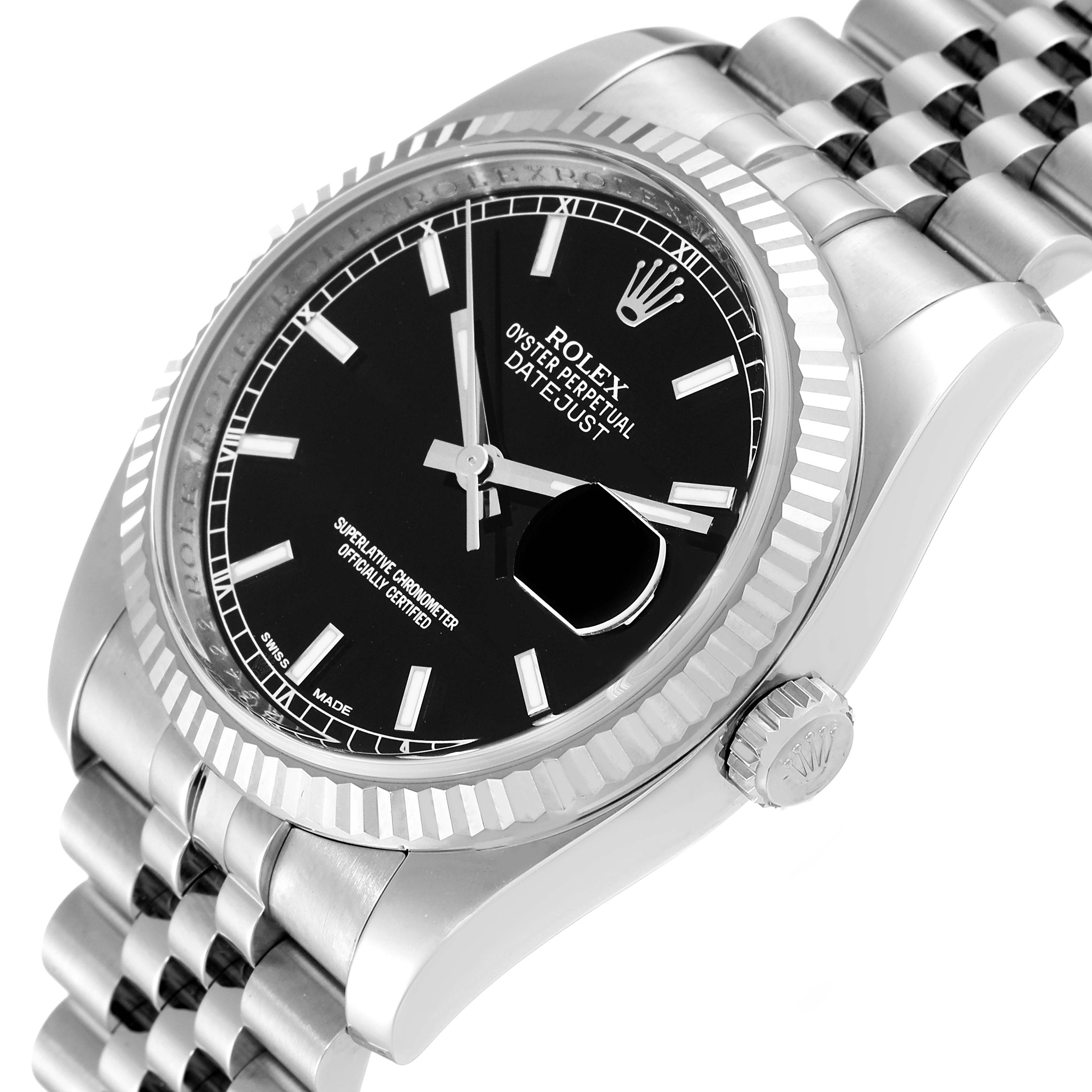 This image shows a close-up angle of the Rolex Datejust 116234 Men
s Stainless Steel Black Dial 116234 Men
s Stainless Steel Black Dial watch, highlighting the dial, crown, bezel, and part of the bracelet.
