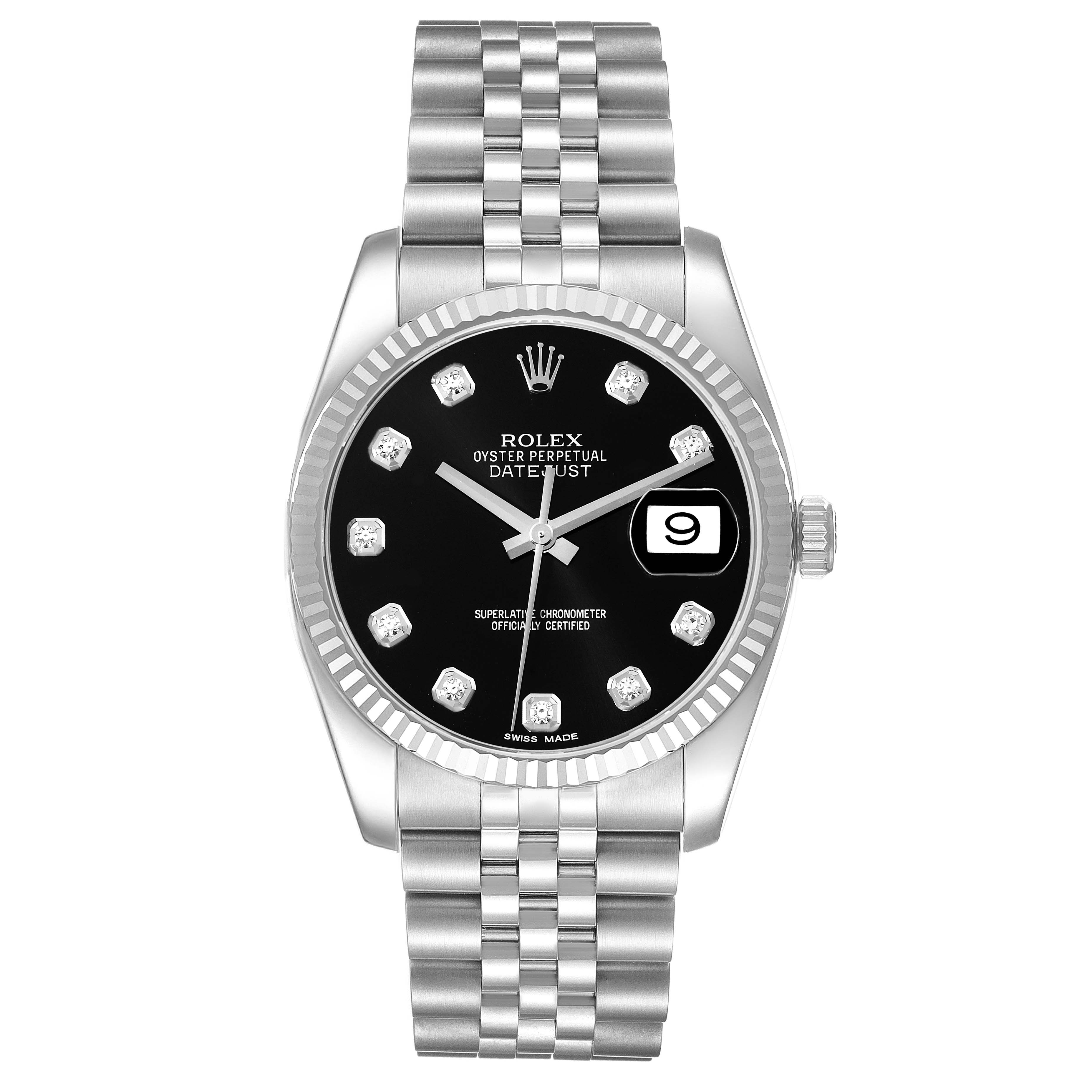 The image shows a front view of the Rolex Datejust 116234 Men's Stainless Steel Black Dial 116234 Men's Stainless Steel Black Dial watch, displaying its black dial, diamond hour markers, fluted bezel, and Jubilee bracelet.