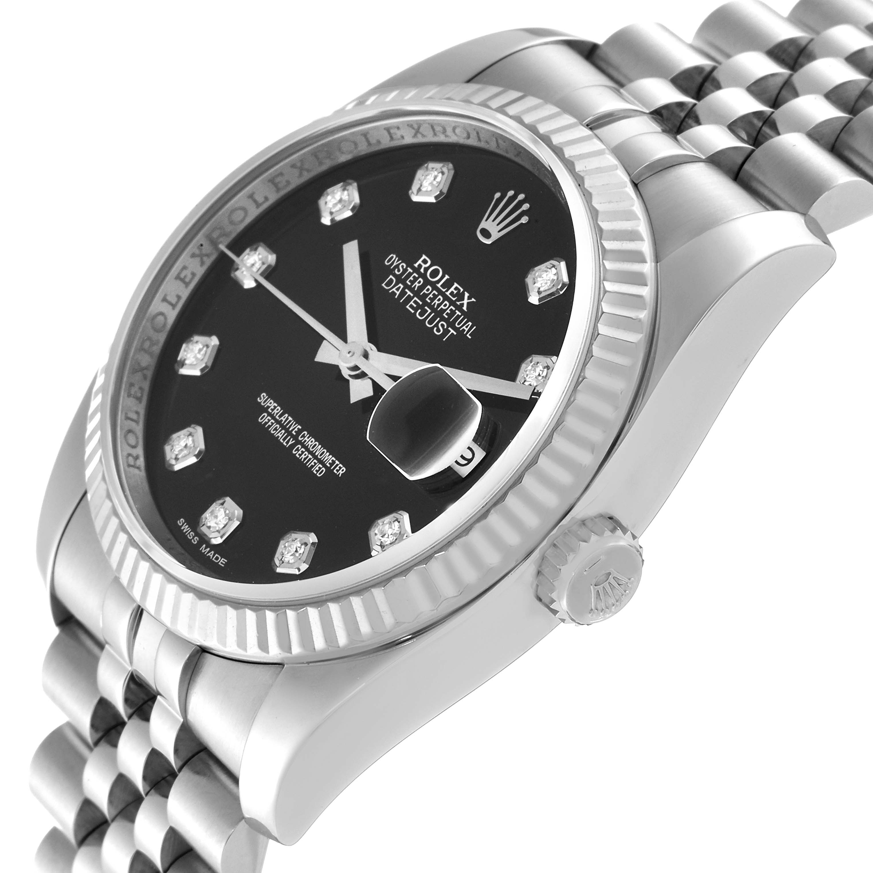 The image shows a side-angle view of a Rolex Datejust 116234 Men's Stainless Steel Black Dial 116234 Men's Stainless Steel Black Dial watch with a stainless steel case, jubilee bracelet, and black diamond dial.