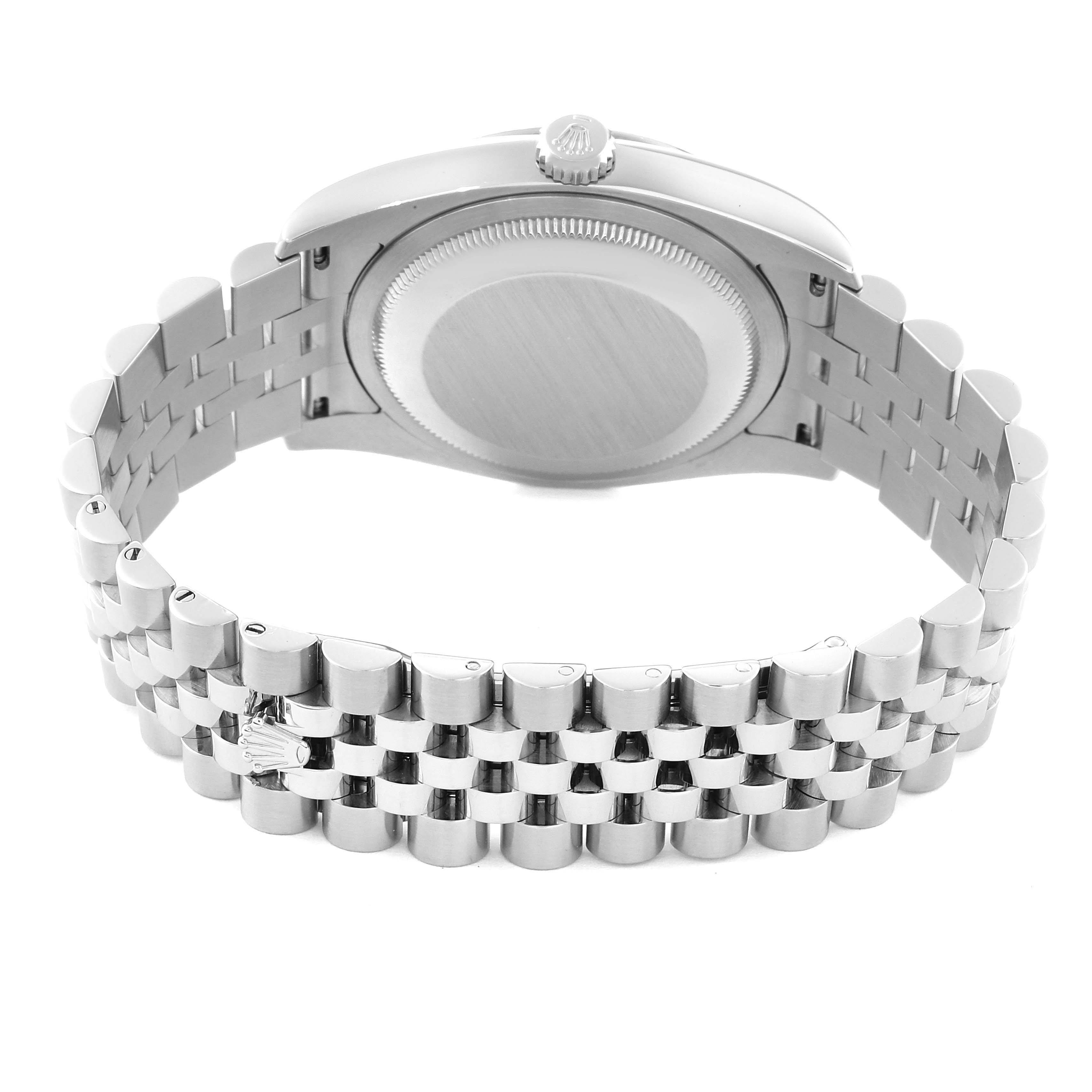 The image shows the case back and Jubilee bracelet of a Rolex Datejust 116234 Men's Stainless Steel Black Dial 116234 Men's Stainless Steel Black Dial watch from a rear angle.