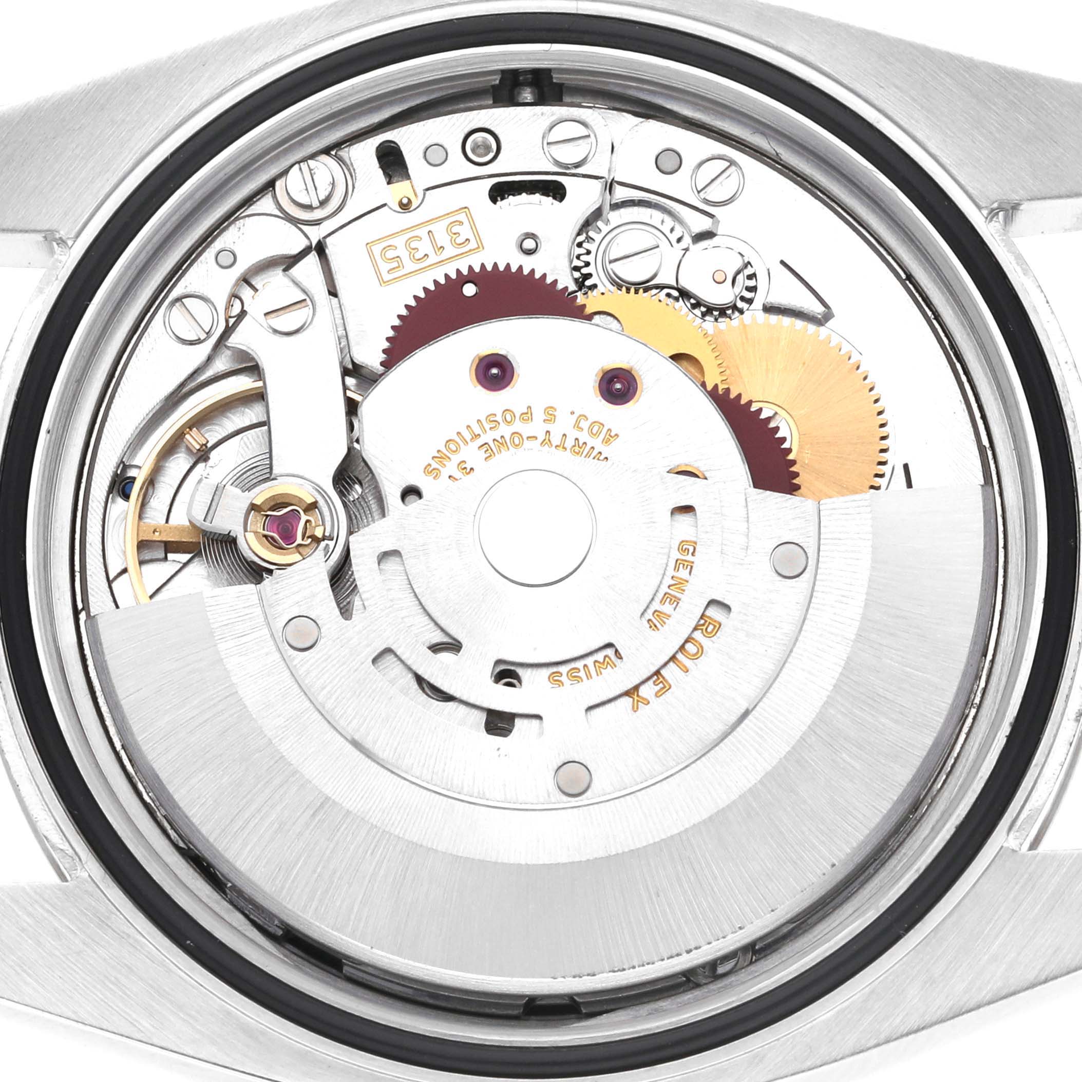 The image shows the internal mechanism and movement of a Rolex Datejust 116234 Men's Stainless Steel Black Dial 116234 Men's Stainless Steel Black Dial watch, viewed from the back.