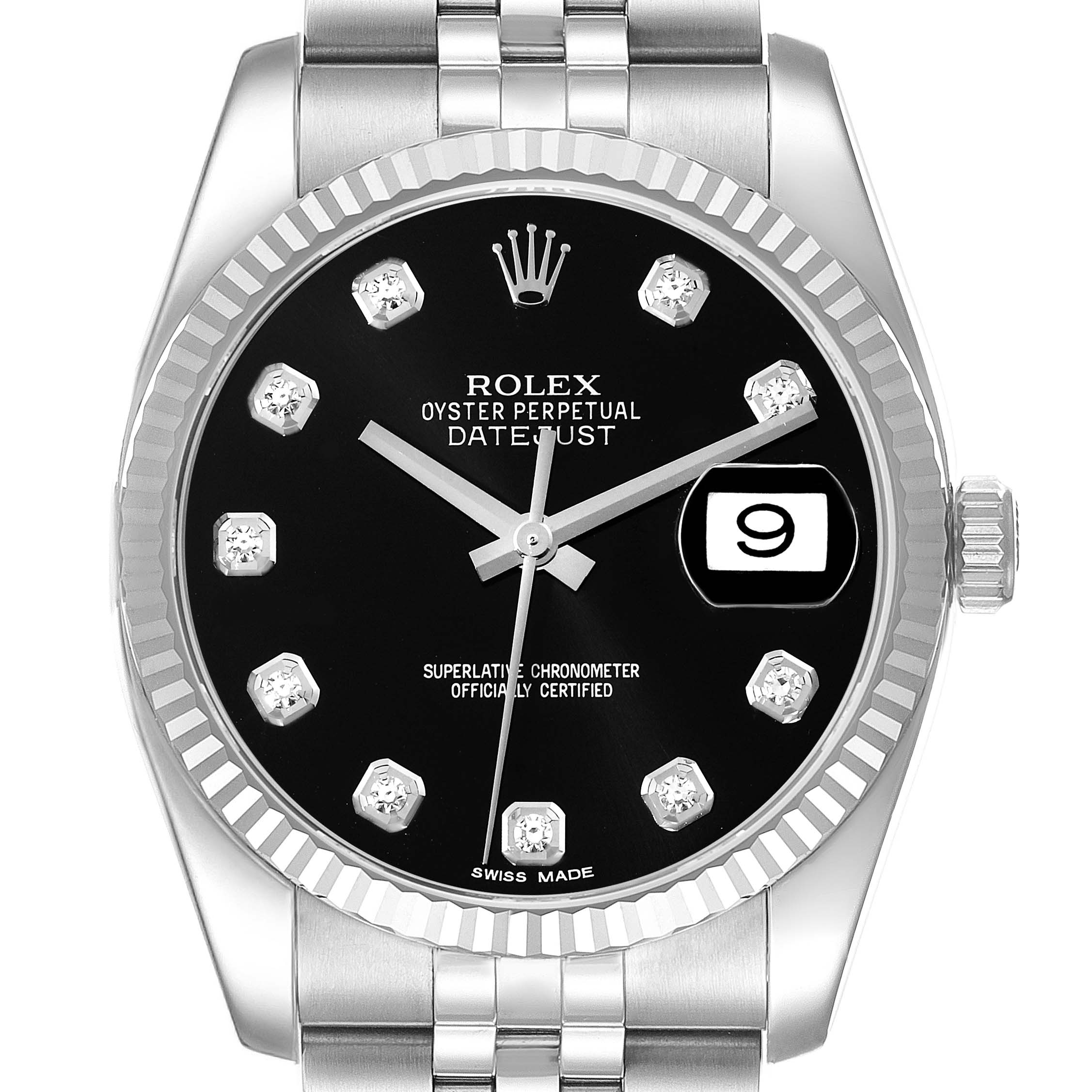 The image shows a frontal view of a Rolex Datejust 116234 Men's Stainless Steel Black Dial 116234 Men's Stainless Steel Black Dial watch, displaying its dial, bezel, crown, and part of the bracelet.