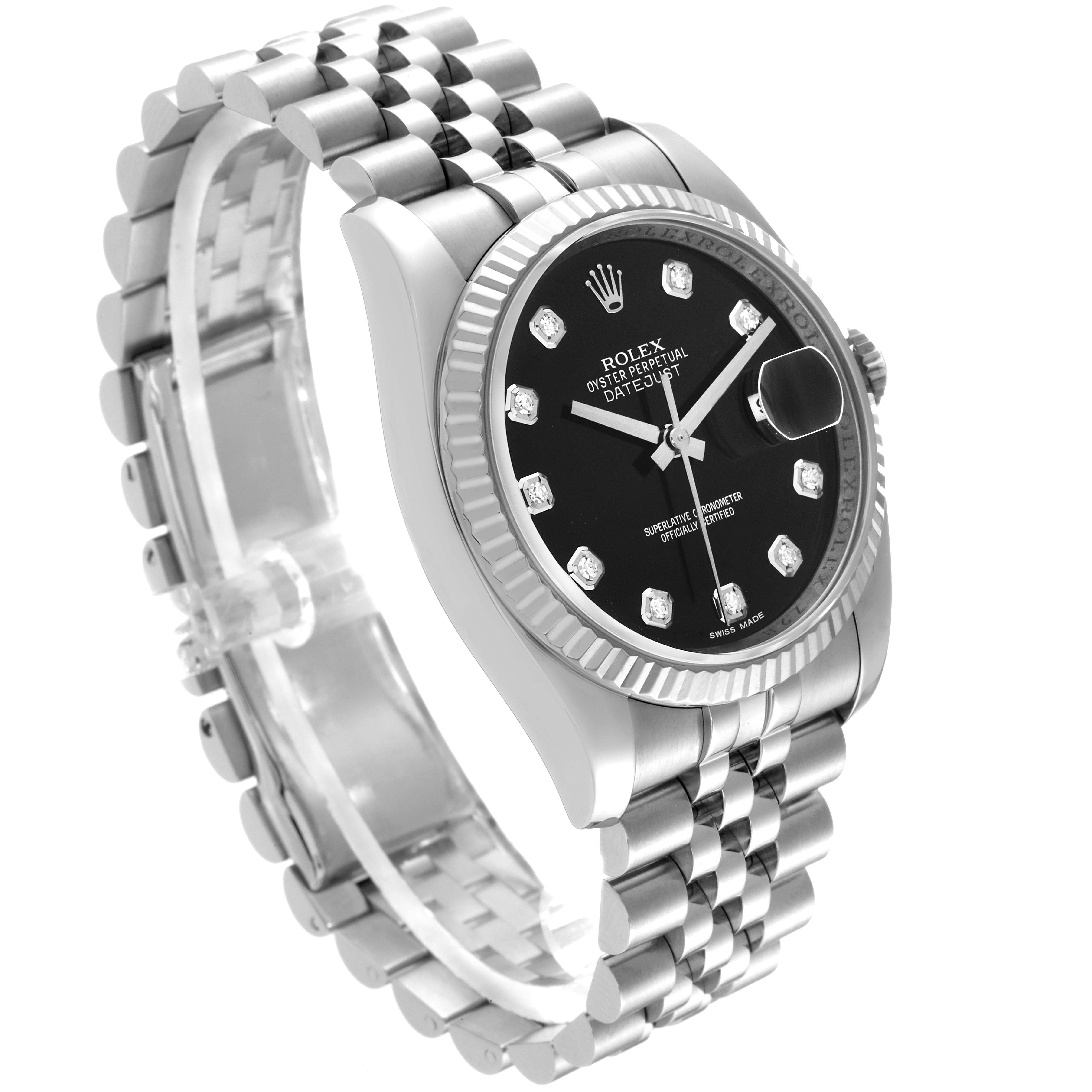 The image shows a Rolex Datejust 116234 Men's Stainless Steel Black Dial 116234 Men's Stainless Steel Black Dial watch at a three-quarter angle, highlighting the dial, bezel, and bracelet.