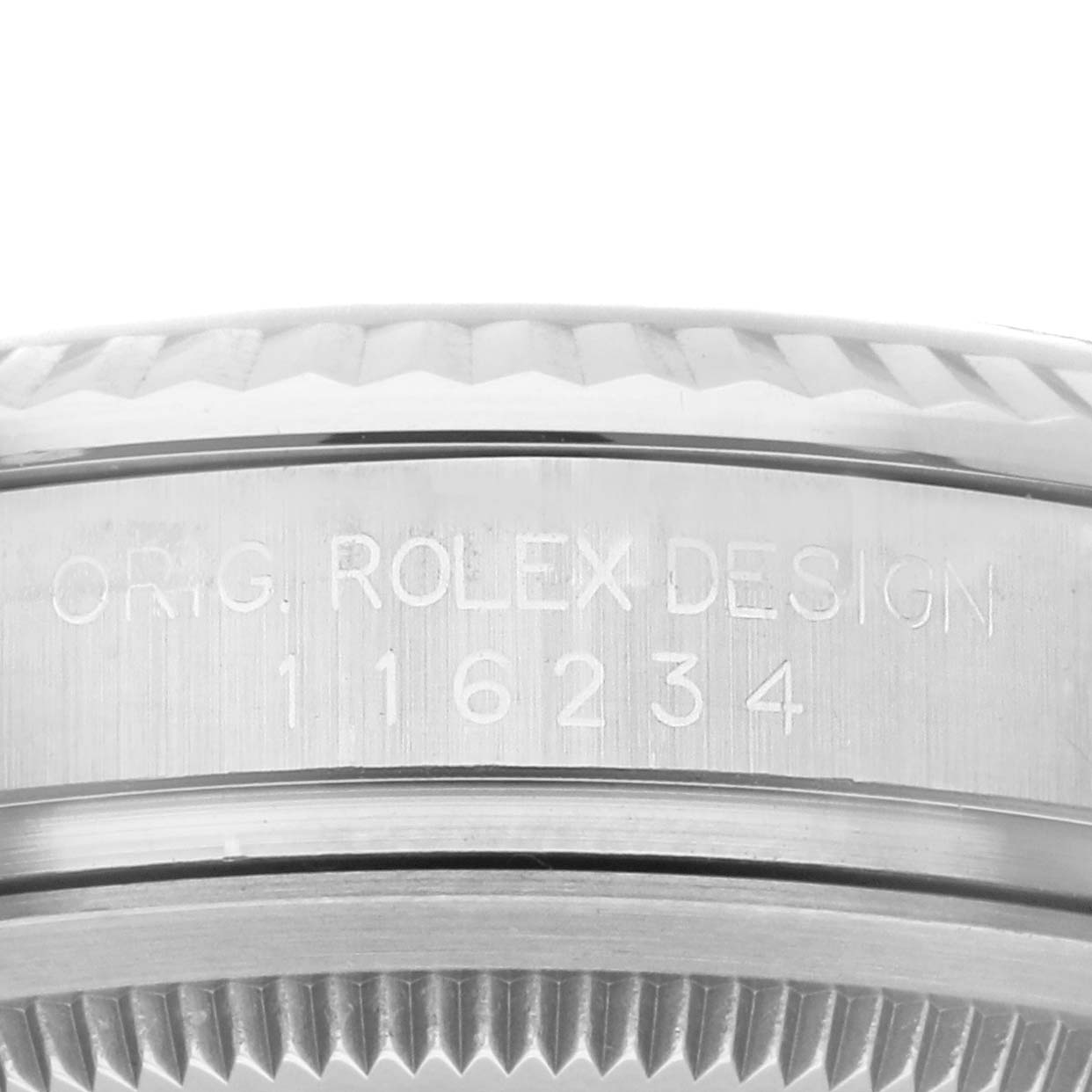 This is a close-up view of the bezel and case side showing the engraved serial number of the Rolex Datejust 116234 Men's Stainless Steel Black Dial 116234 Men's Stainless Steel Black Dial watch model.
