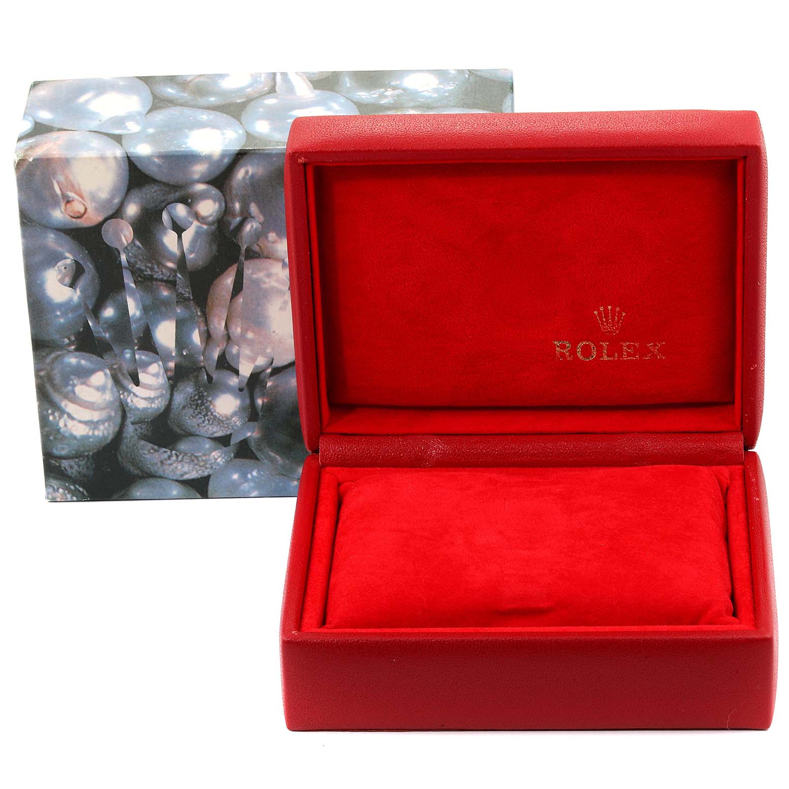 This image shows a red Rolex Datejust 69174 Women
s Stainless Steel Silver Dial 69174 Women
s Stainless Steel Silver Dial watch box and its outer packaging from a frontal angle.