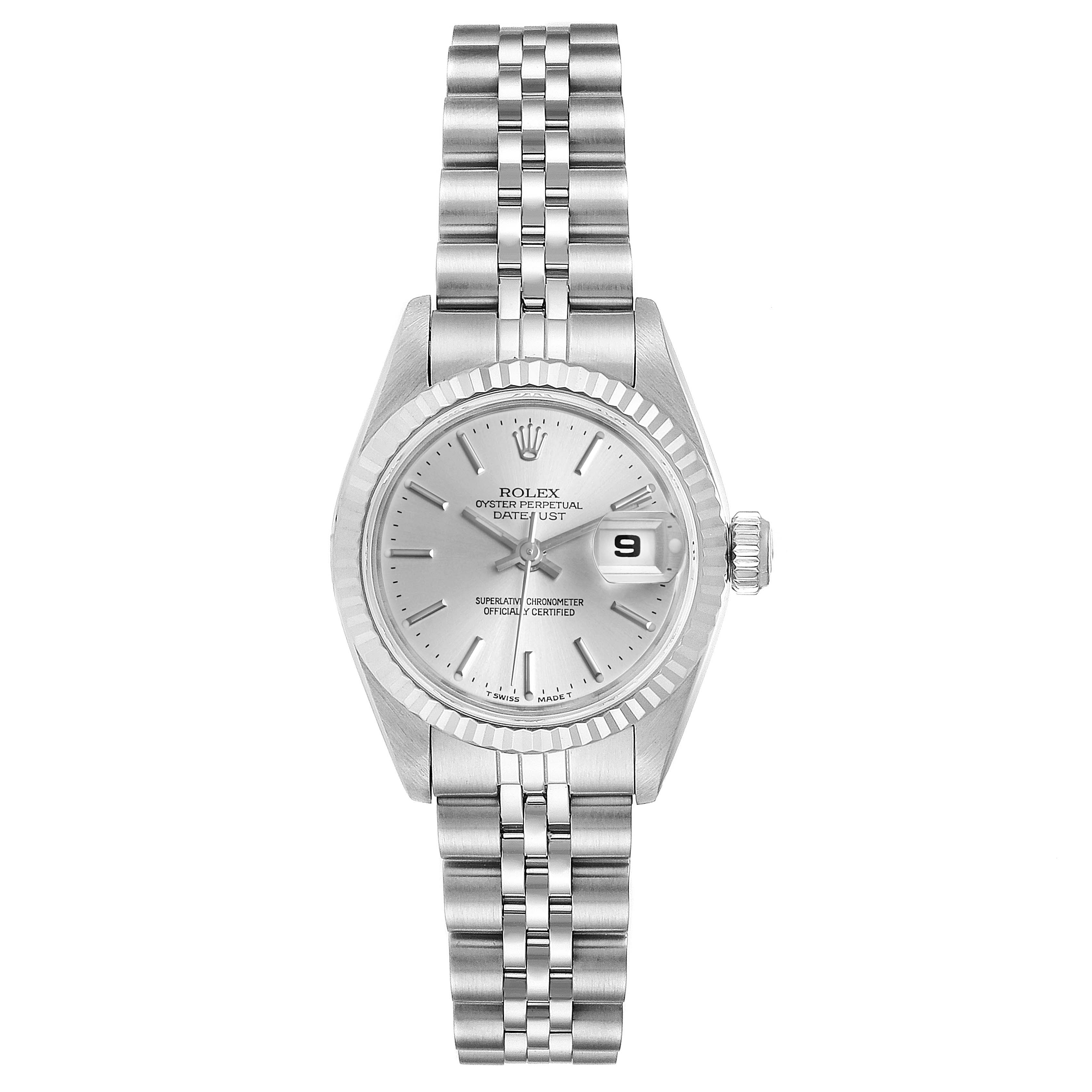 This image shows a front view of the Rolex Datejust 69174 Women
s Stainless Steel Silver Dial 69174 Women
s Stainless Steel Silver Dial watch, displaying the dial, bezel, crown, and bracelet.