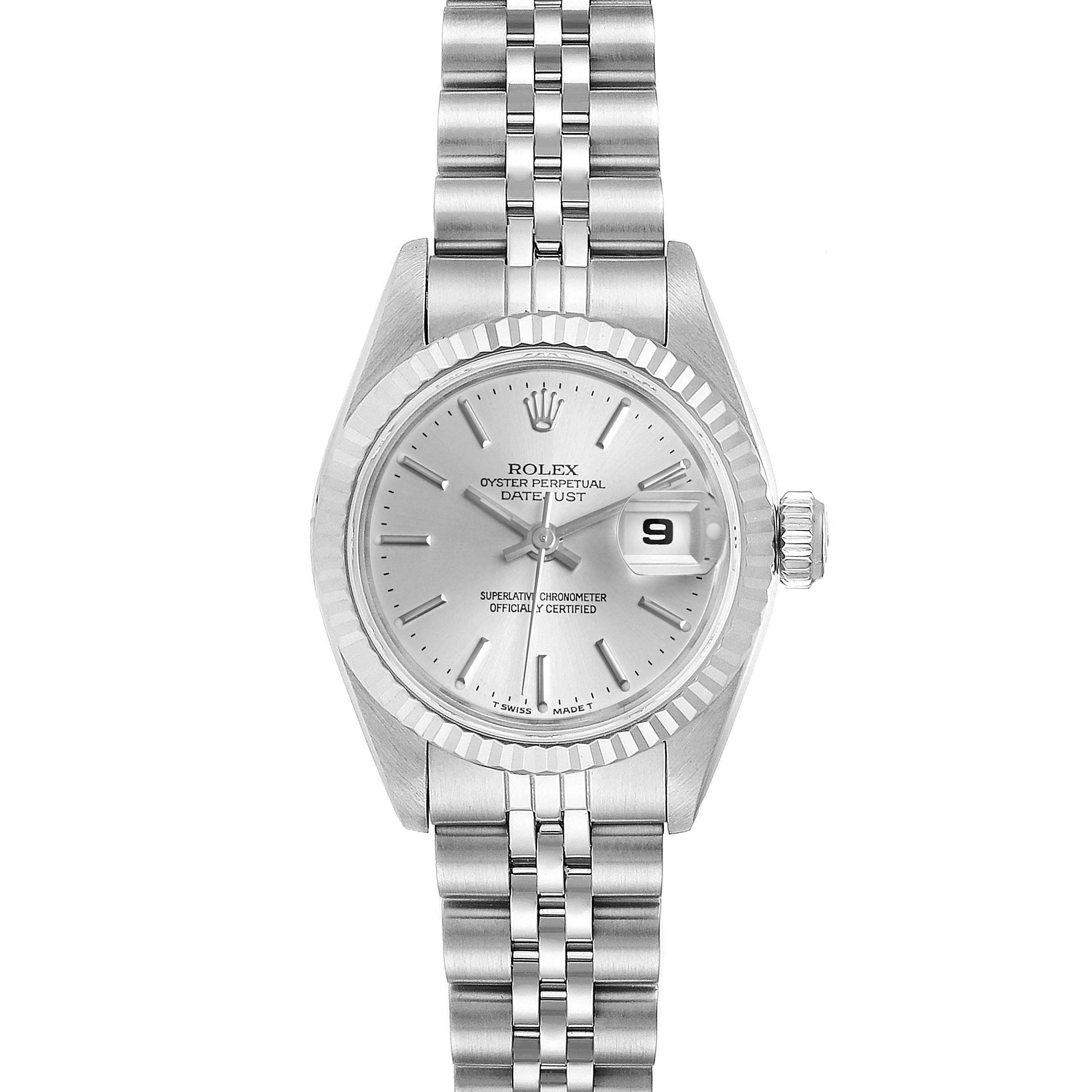 The image shows a front view of a Rolex Datejust 69174 Women
s Stainless Steel Silver Dial 69174 Women
s Stainless Steel Silver Dial watch, highlighting the dial, fluted bezel, and Jubilee bracelet.