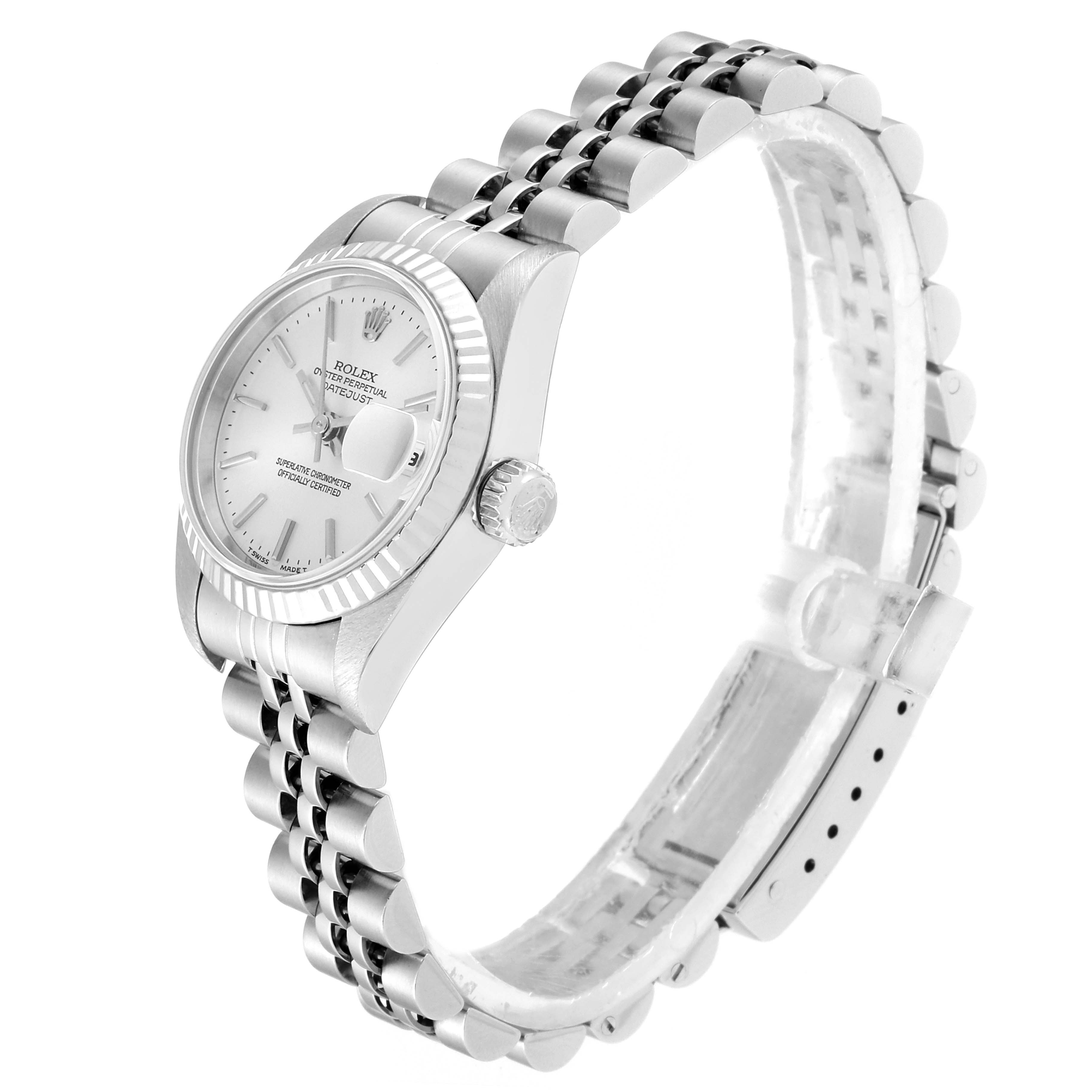 The Rolex Datejust 69174 Women
s Stainless Steel Silver Dial 69174 Women
s Stainless Steel Silver Dial model watch is shown at an angle highlighting the face, crown, and part of the Jubilee bracelet.