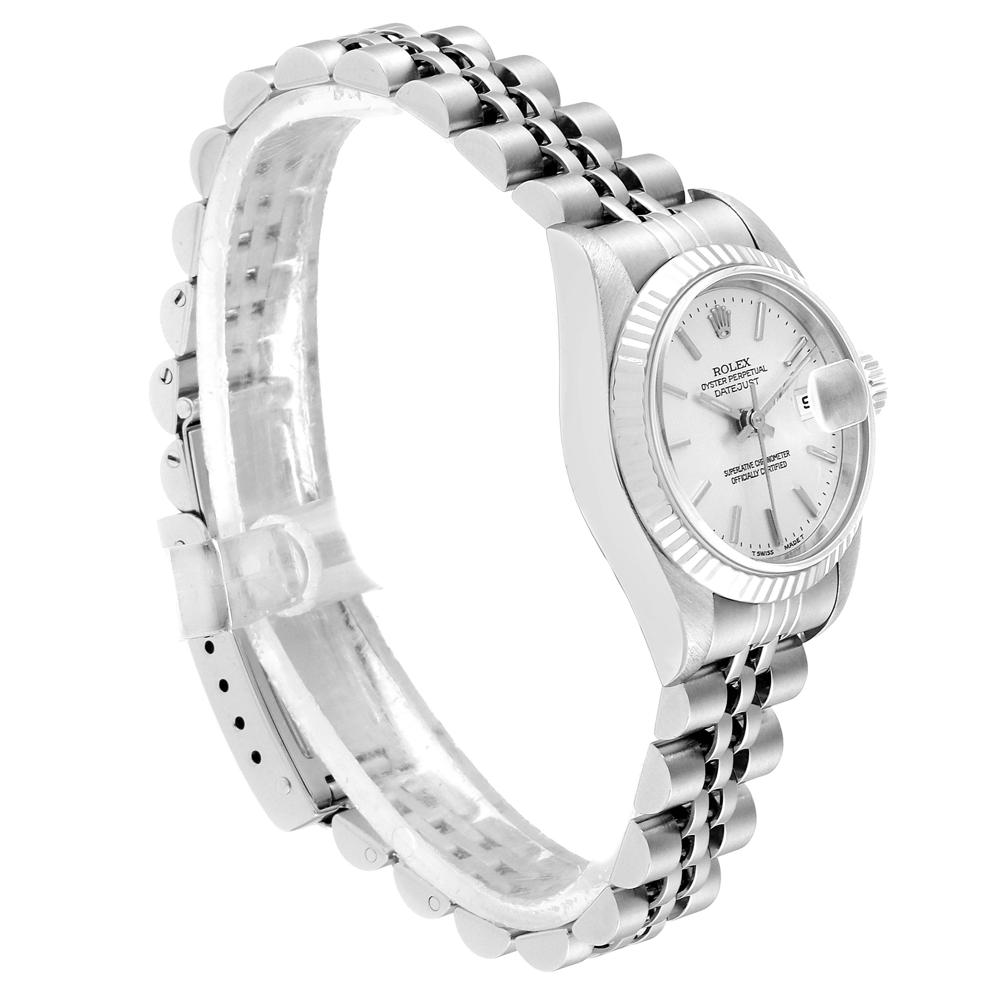 The image shows a Rolex Datejust 69174 Women
s Stainless Steel Silver Dial 69174 Women
s Stainless Steel Silver Dial watch from a side angle, highlighting its face, bezel, and part of the bracelet.