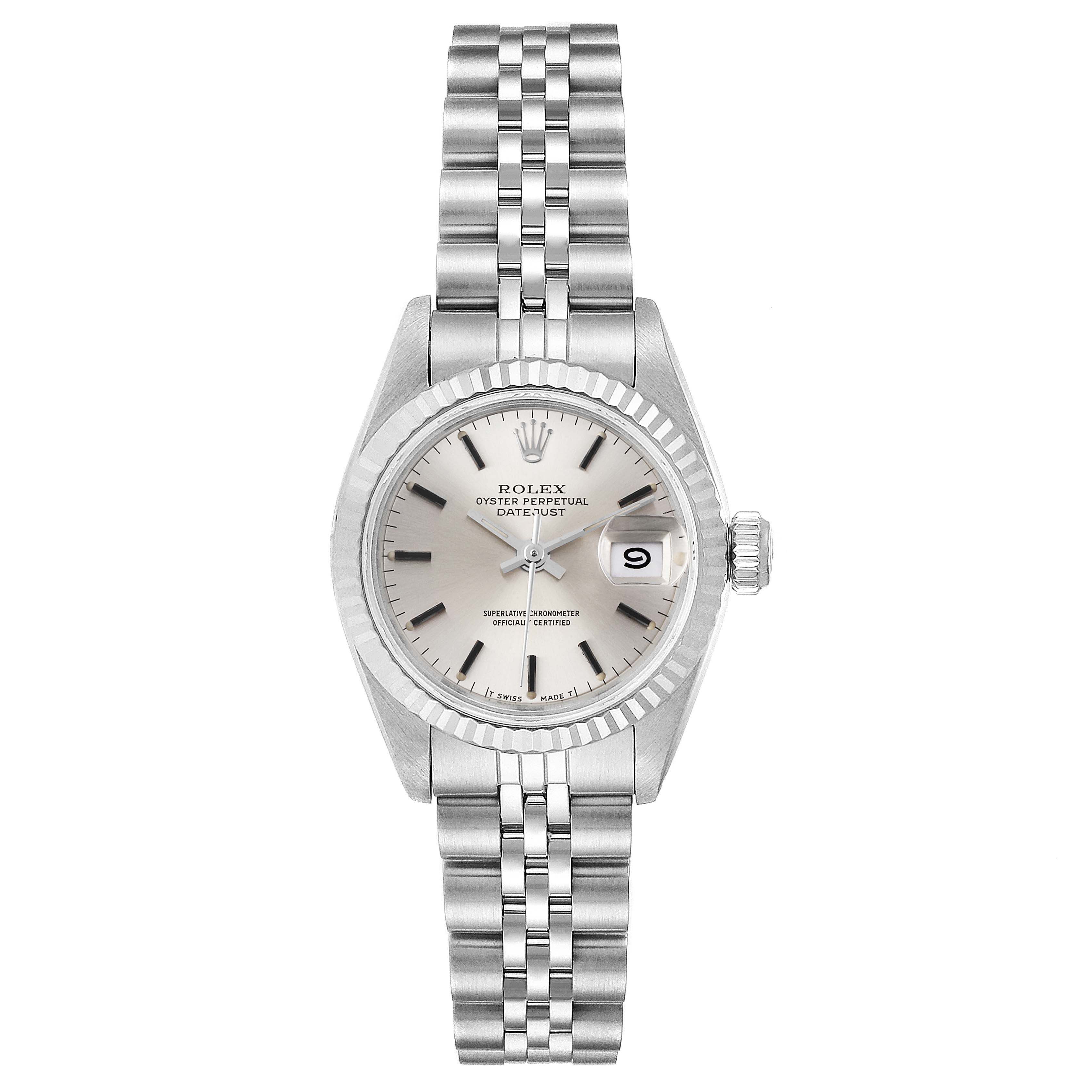 This Rolex Datejust 69174 Women
s Stainless Steel Silver Dial 69174 Women
s Stainless Steel Silver Dial watch is shown from the front, displaying the dial, hands, bezel, and bracelet.