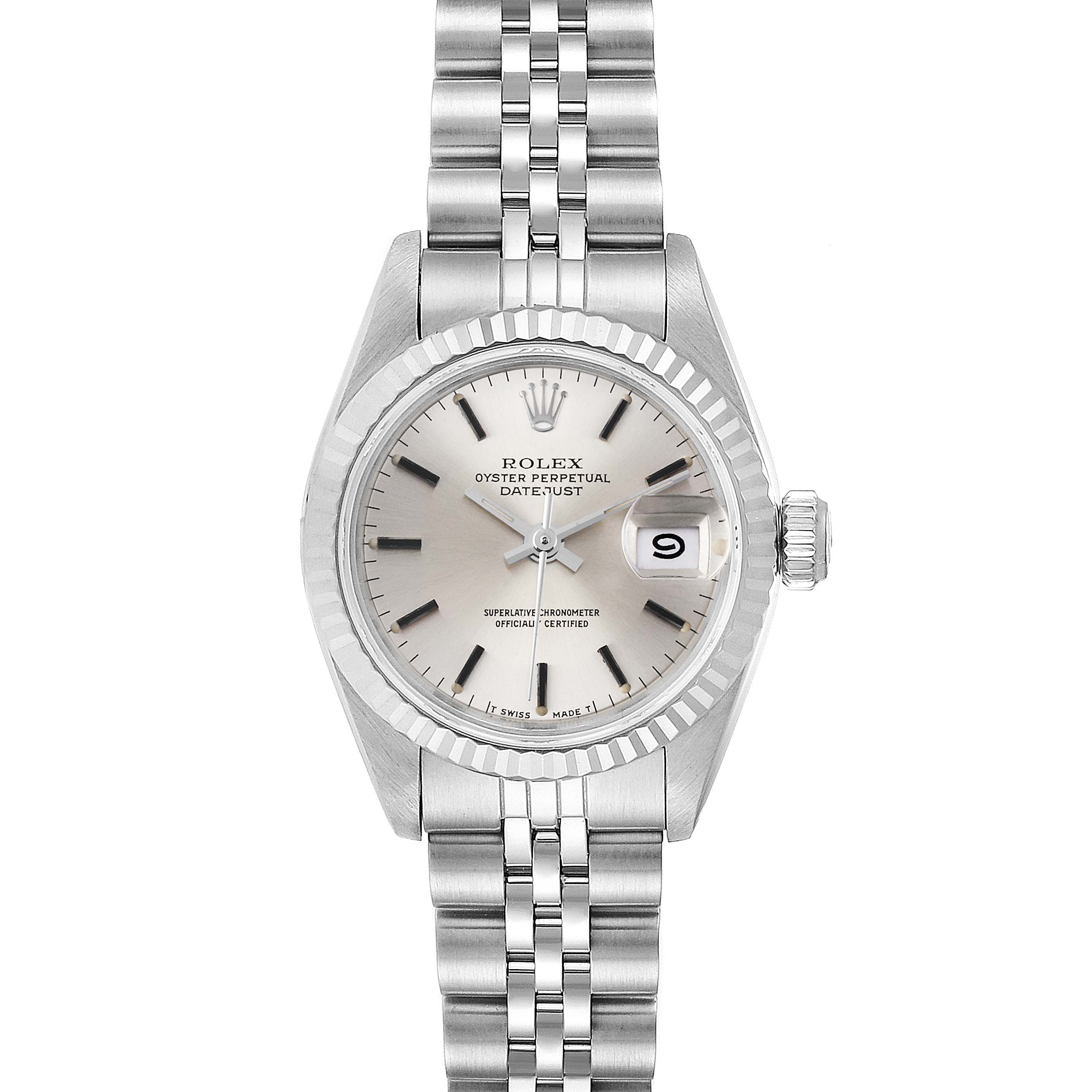 The image shows a front view of a Rolex Datejust 69174 Women
s Stainless Steel Silver Dial 69174 Women
s Stainless Steel Silver Dial watch, displaying the face, bezel, and part of the bracelet.