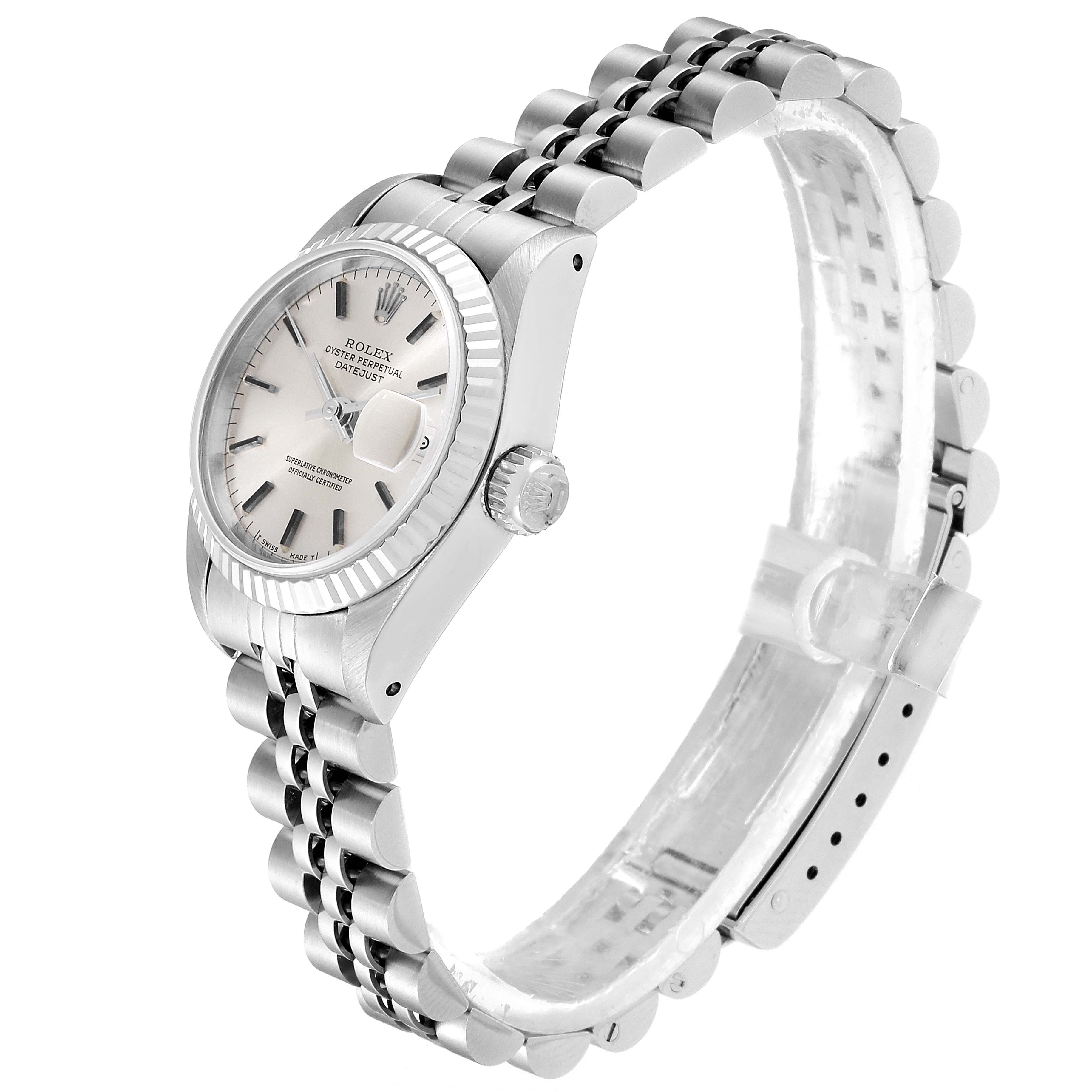 The image shows a side angle of the Rolex Datejust 69174 Women
s Stainless Steel Silver Dial 69174 Women
s Stainless Steel Silver Dial watch, highlighting the dial, bezel, crown, and jubilee bracelet.