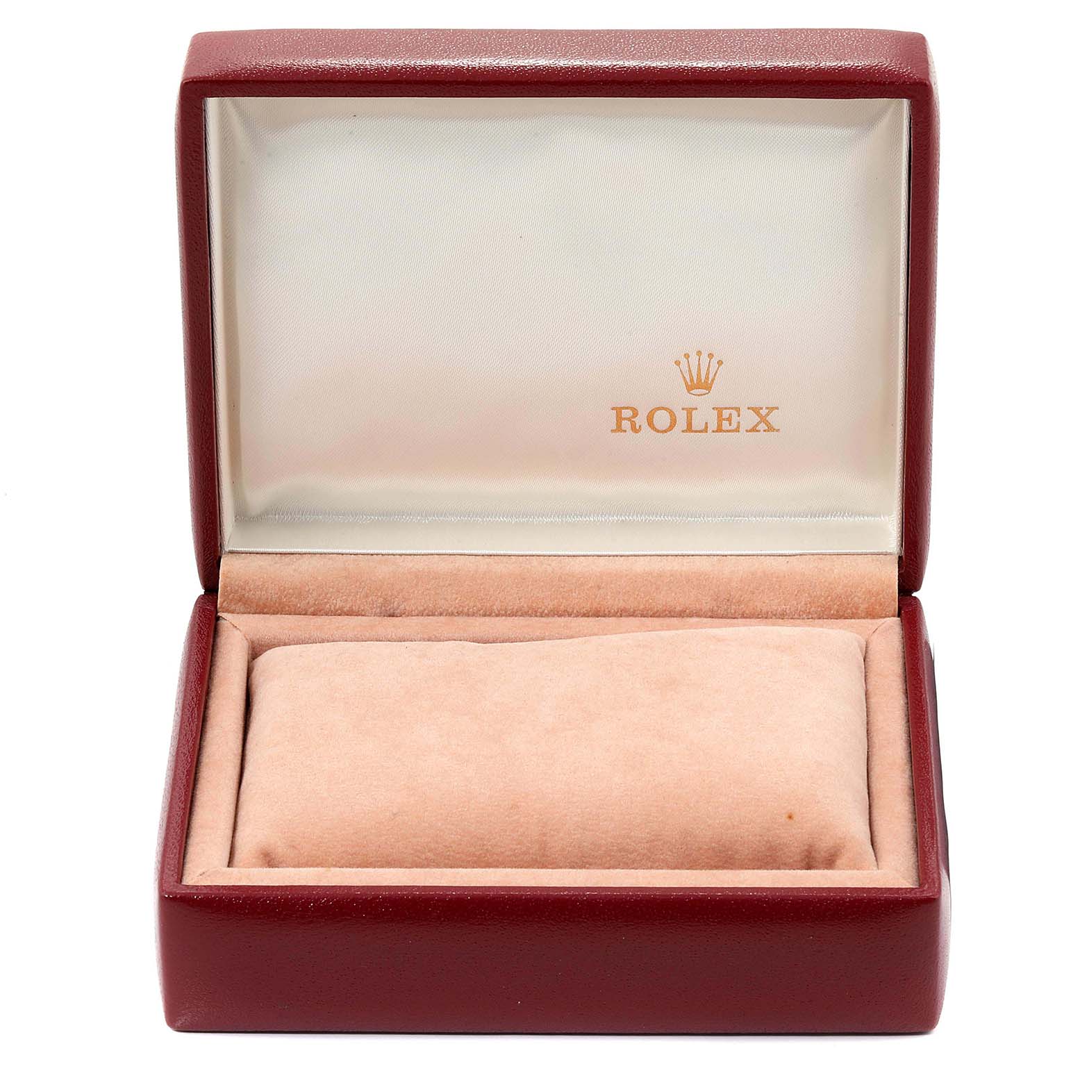 This is a red and beige Rolex Datejust 69174 Women
s Stainless Steel Silver Dial 69174 Women
s Stainless Steel Silver Dial watch box, open to display the interior cushion and logo.