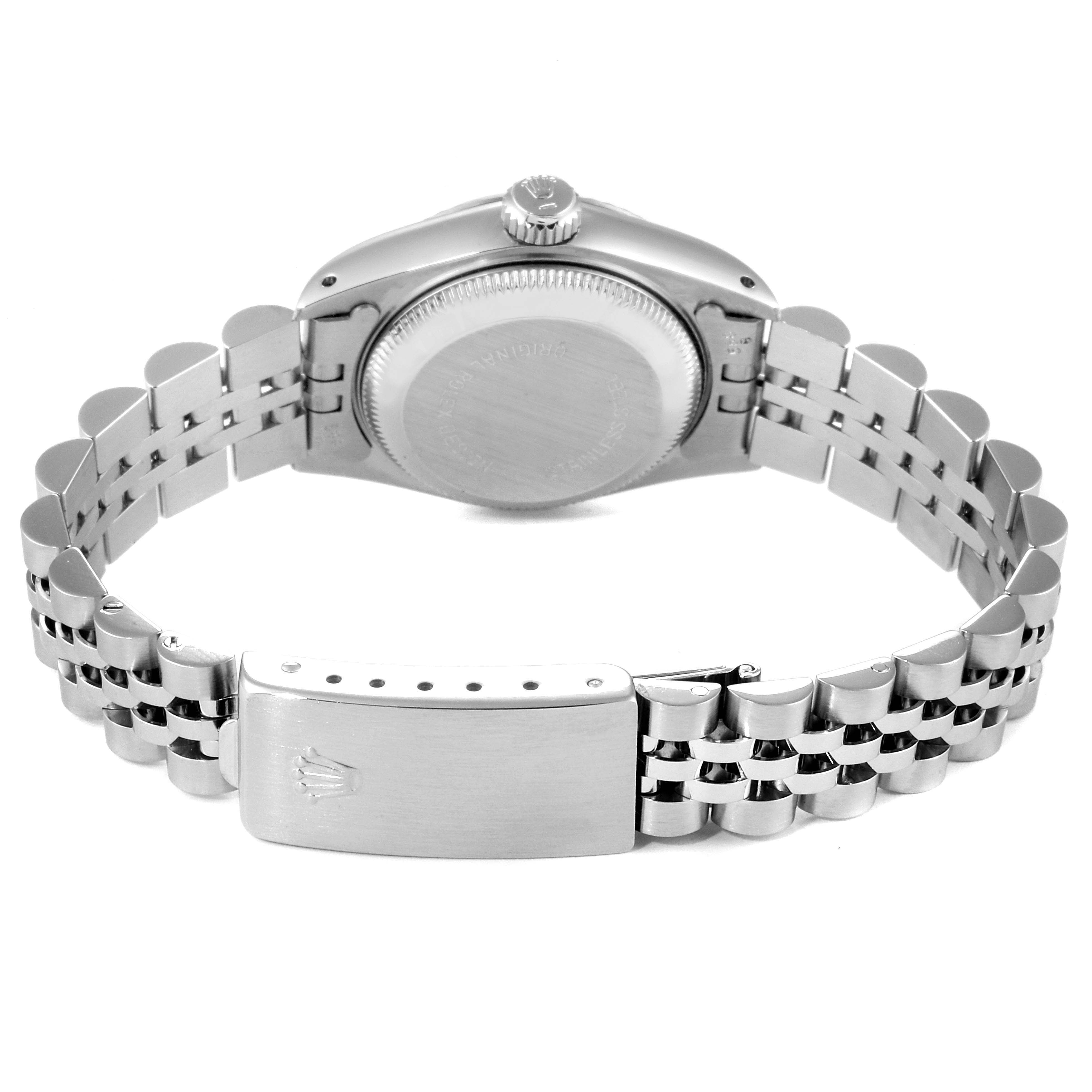 The image shows the back view of a Rolex Datejust 69174 Women
s Stainless Steel Silver Dial 69174 Women
s Stainless Steel Silver Dial watch, highlighting its case back and metal bracelet with clasp.